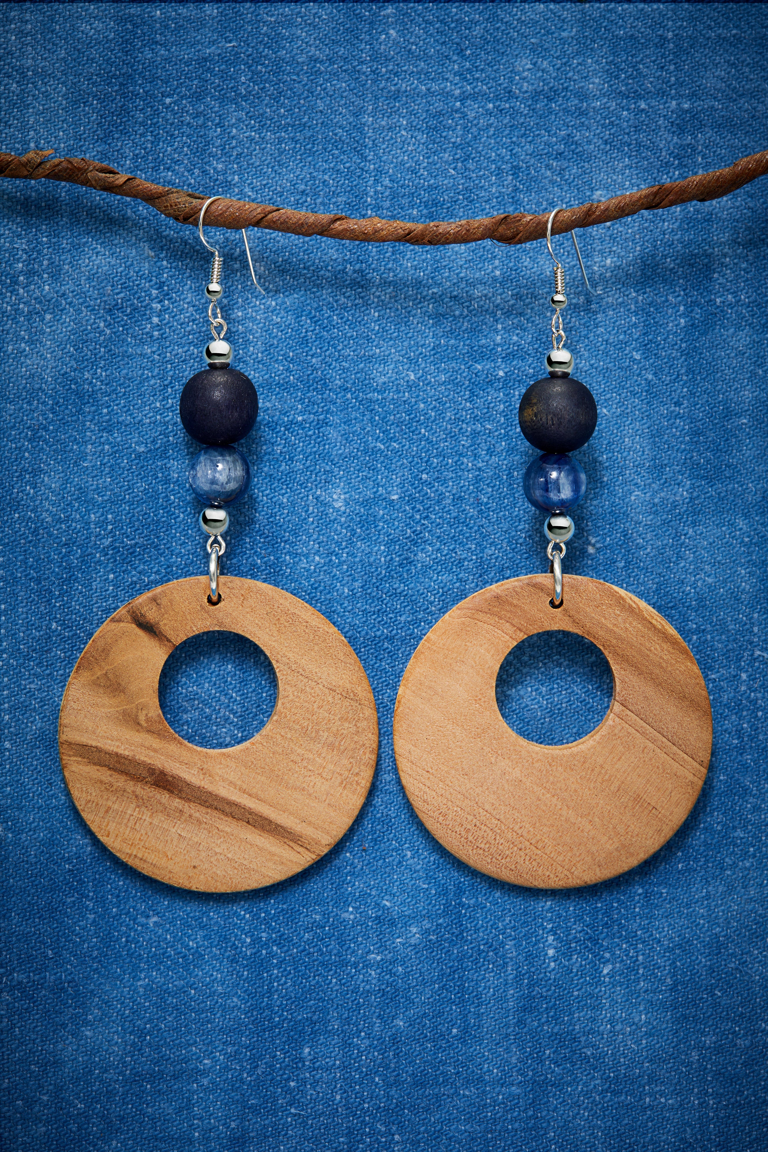 BLUE KYANITE AND WOODEN HOOP EARRINGS