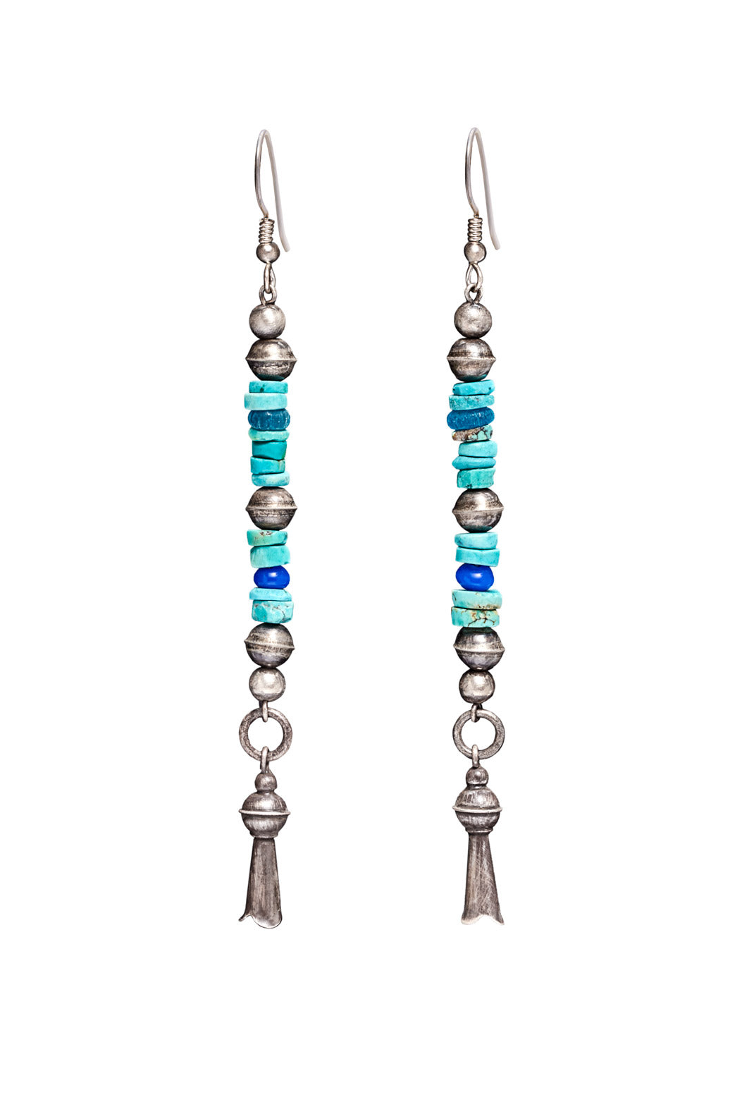 LAYERED TURQUOISE HESHI WITH OXIDIZED STERLING SILVER SQUASH BLOSSOM EARRINGS
