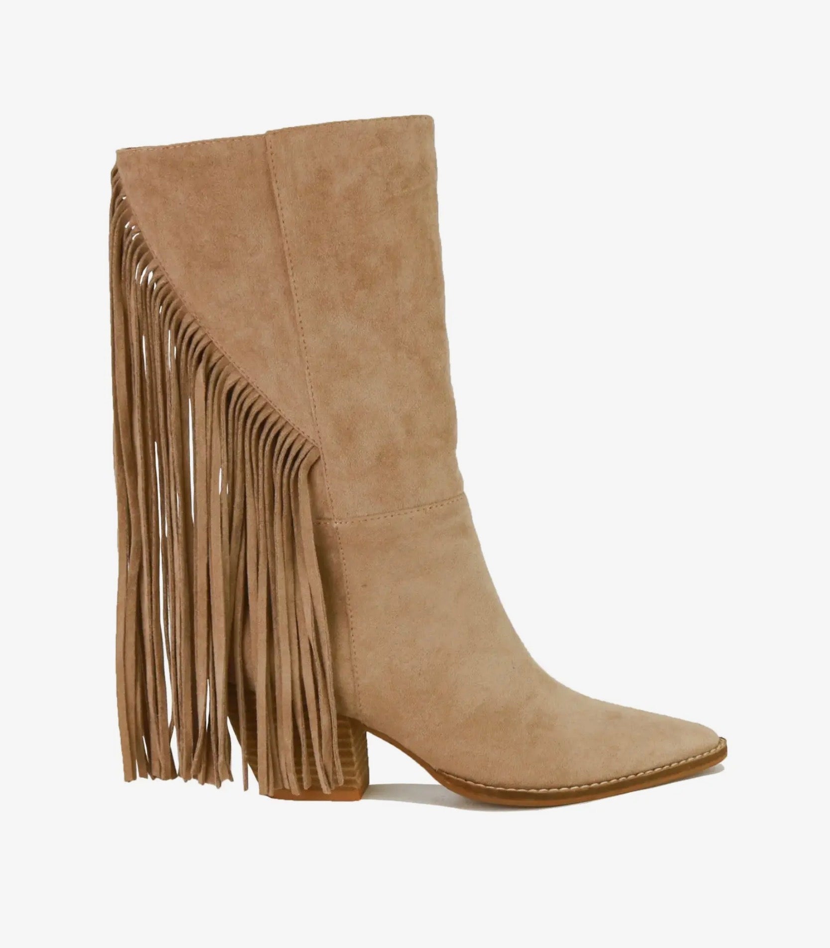 LIGHT TAUPE MID CALF FRINGE COWBOY BOOTS