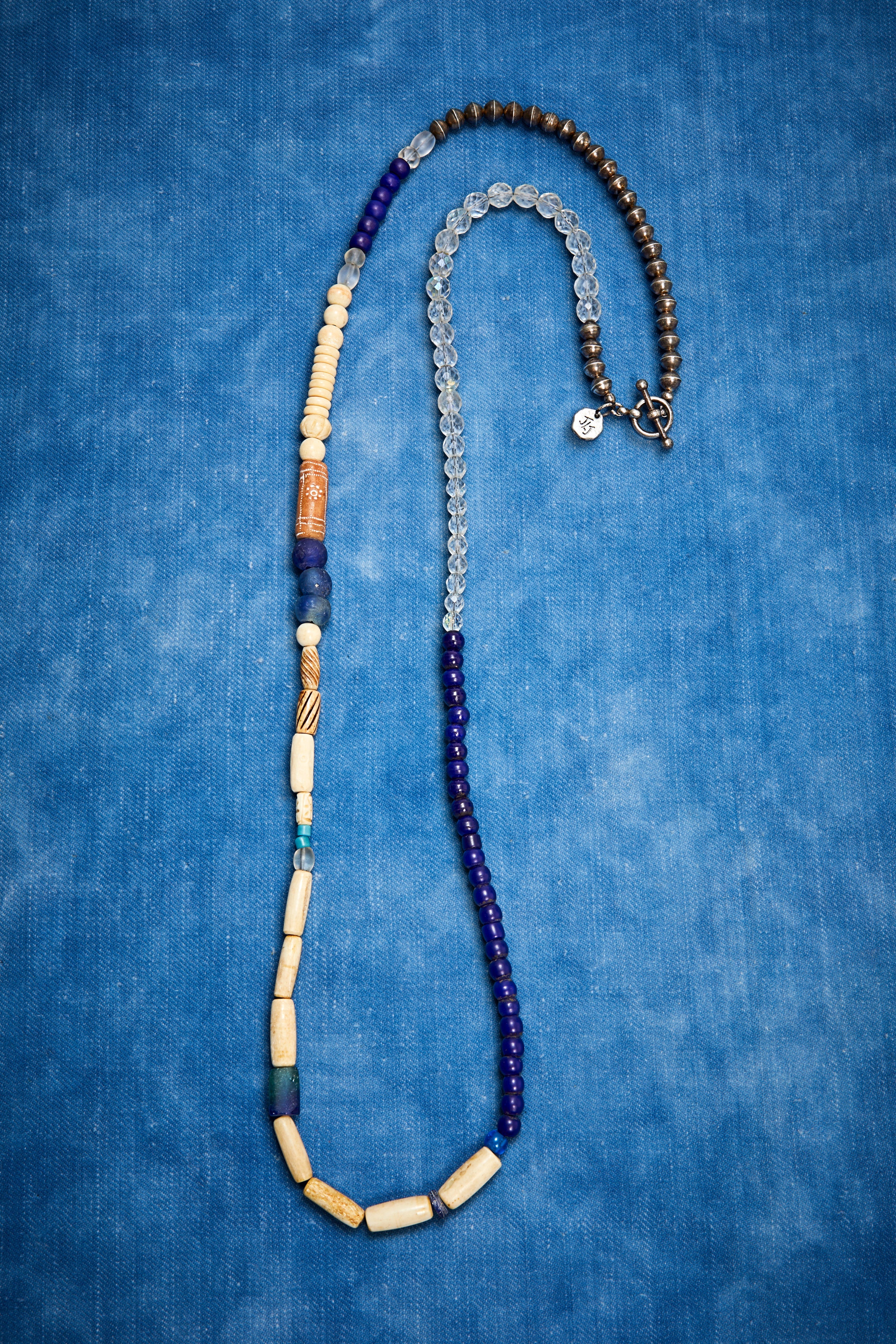 OXIDIZED STERLING SILVER BLUE AND CRYSTAL GLASS COTTAGE NECKLACE