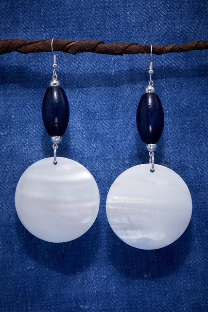 NAVY AND LARGE WHITE SHELL EARRINGS