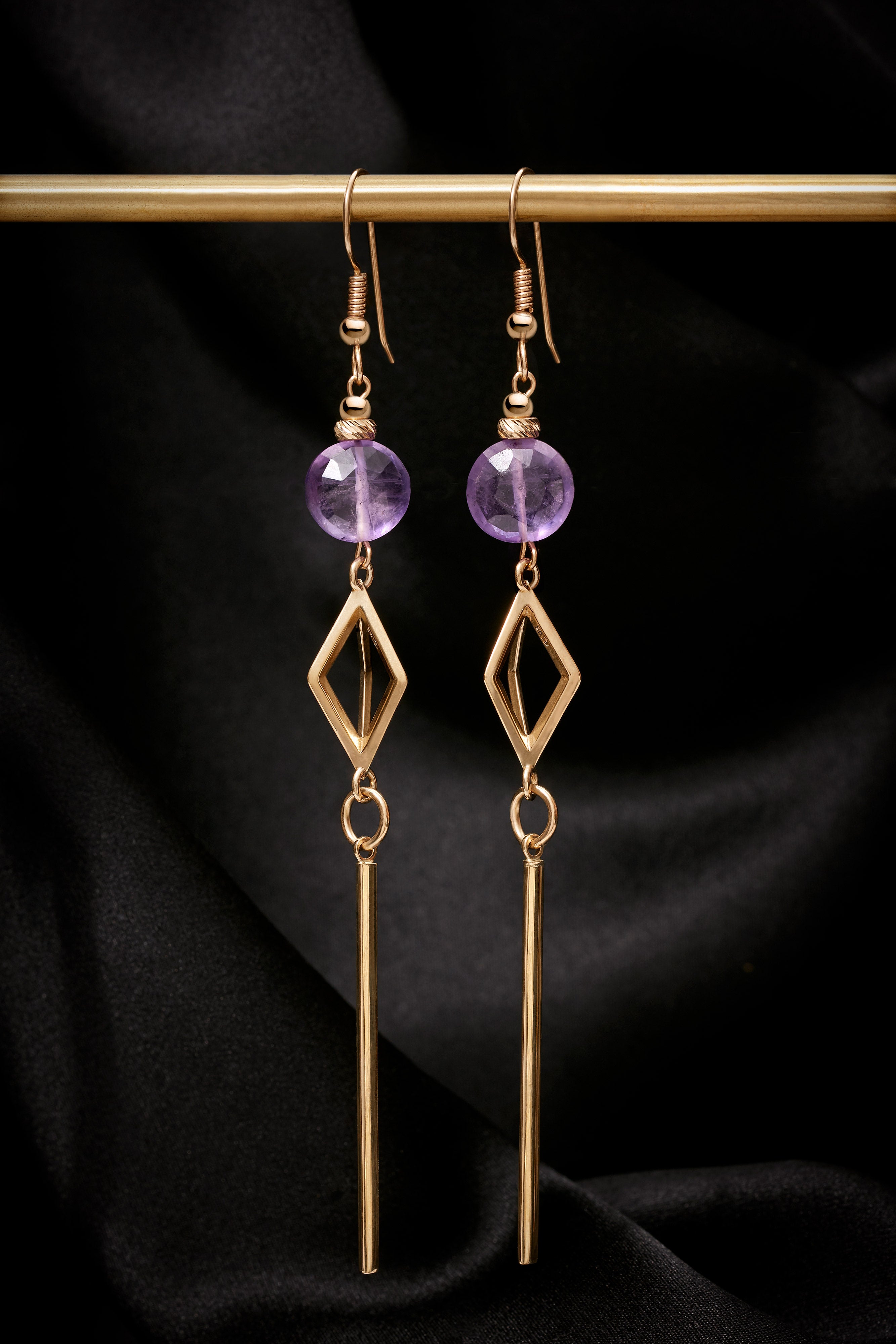 PURPLE AMETHYST 14K GOLD DIAGONAL BAR EARRINGS