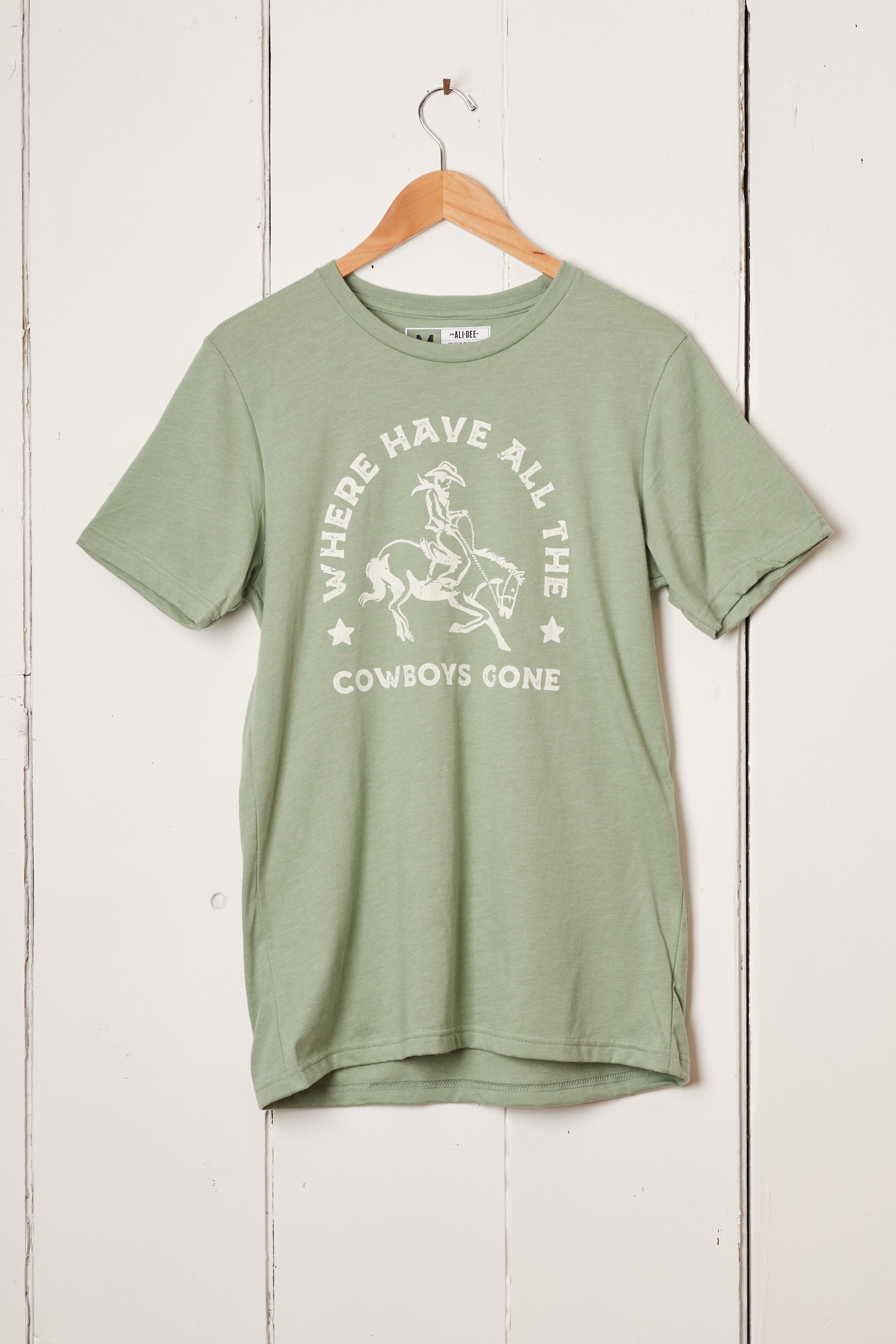 WHERE HAVE ALL THE COWBOYS GONE UNISEX TEE - SAGE GREEN