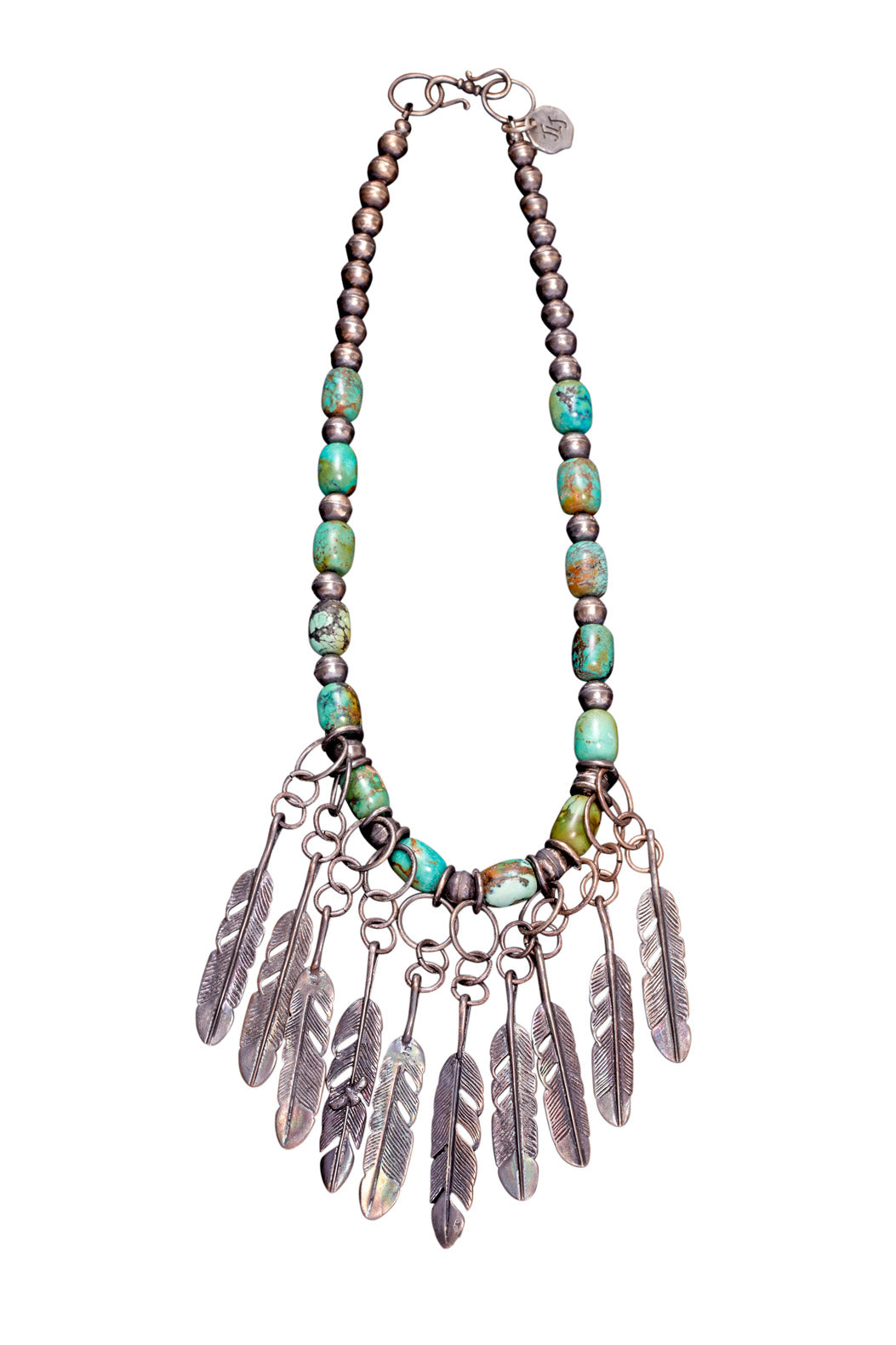 BLUE-GREEN TURQUOISE AND OXIDIZED STERLING SILVER FEATHER NECKLACE