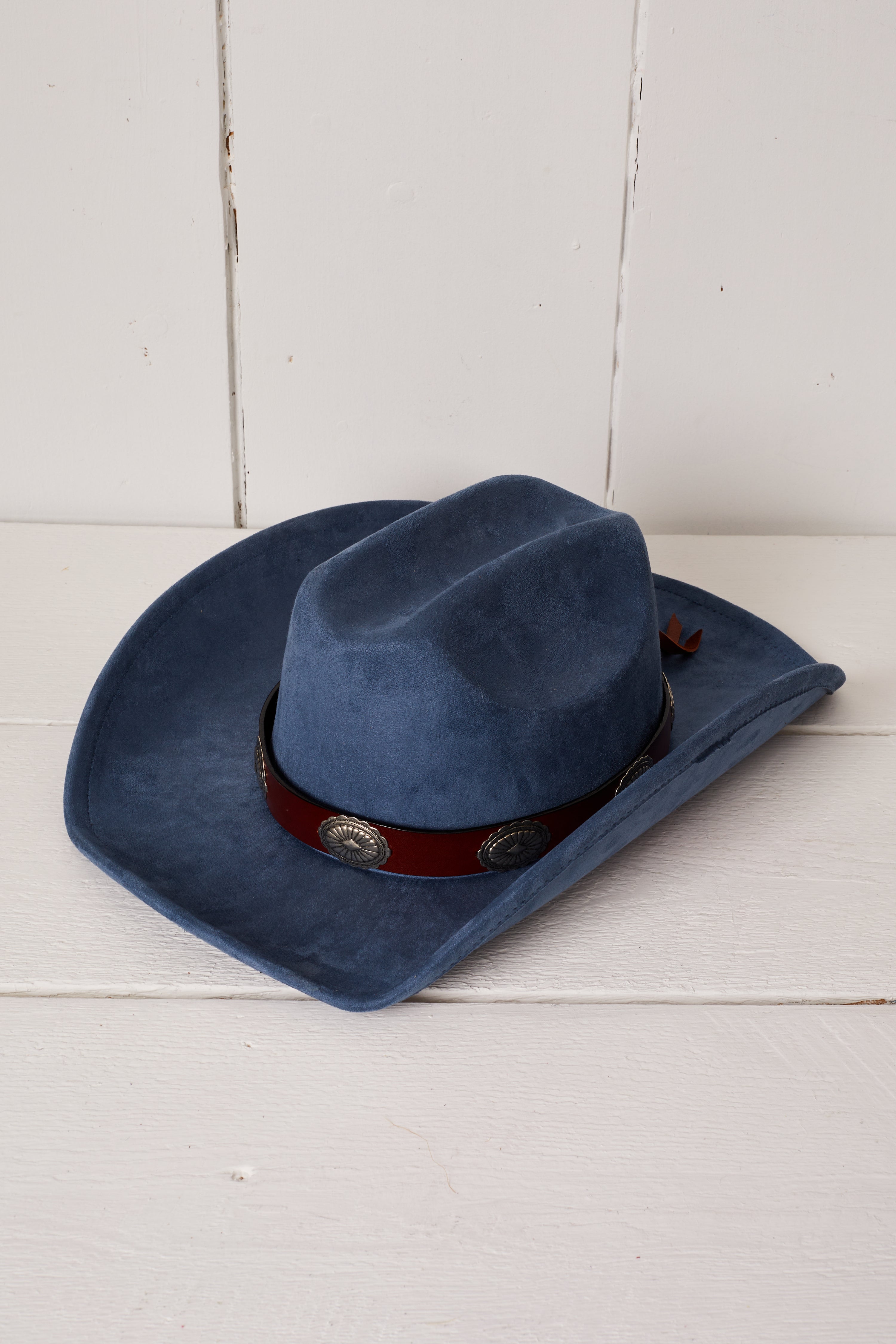 INDIGO BLUE VEGAN SUEDE BROWN LEATHER WIDE CONCHO HAT