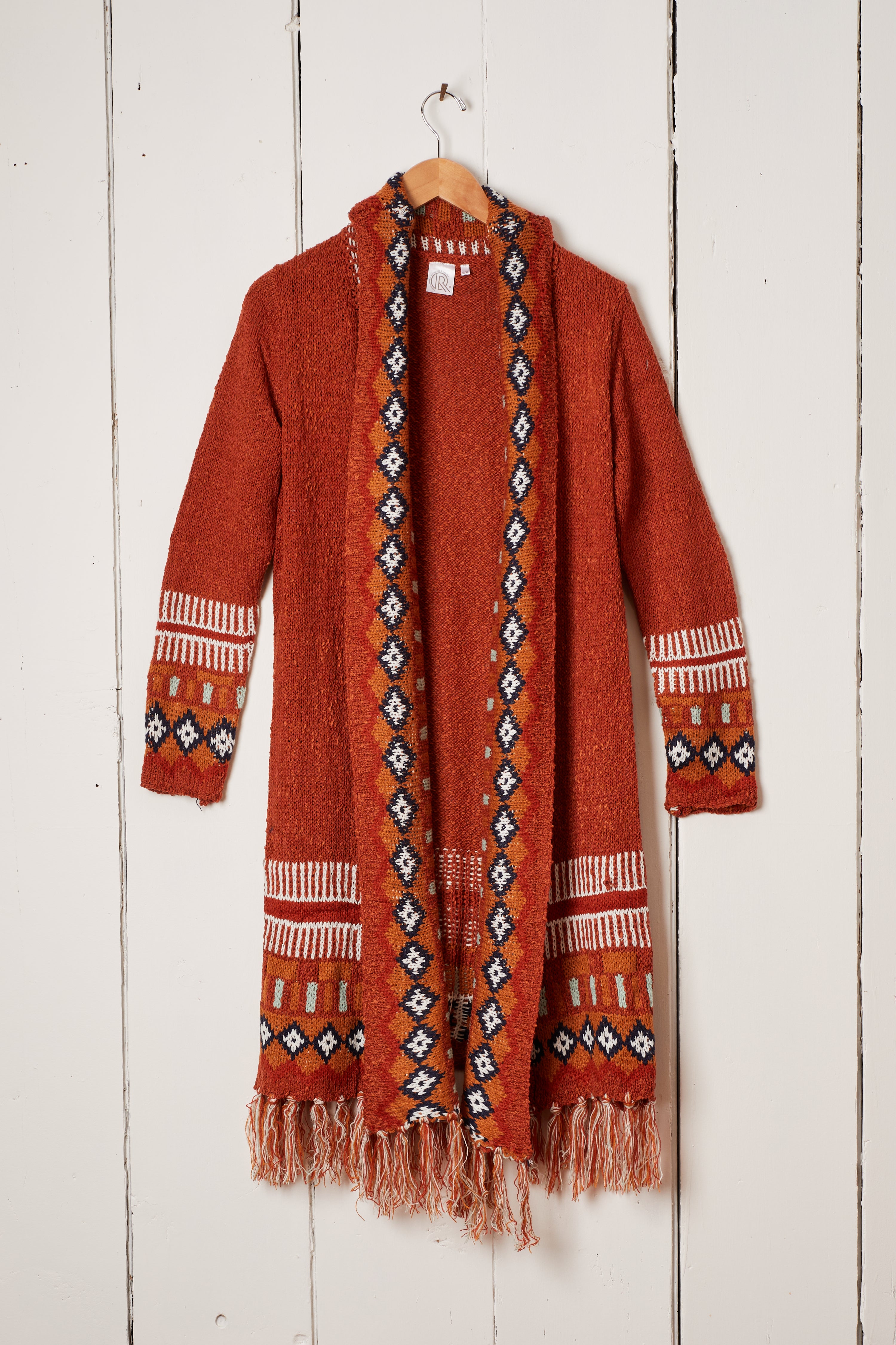RUST COLORFUL FRINGE DUSTER CARDIGAN