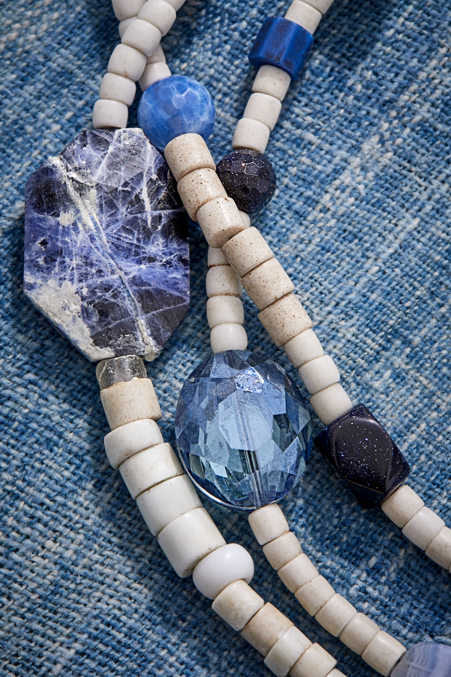 White Denim And Gemstones Multi-Strand Necklace