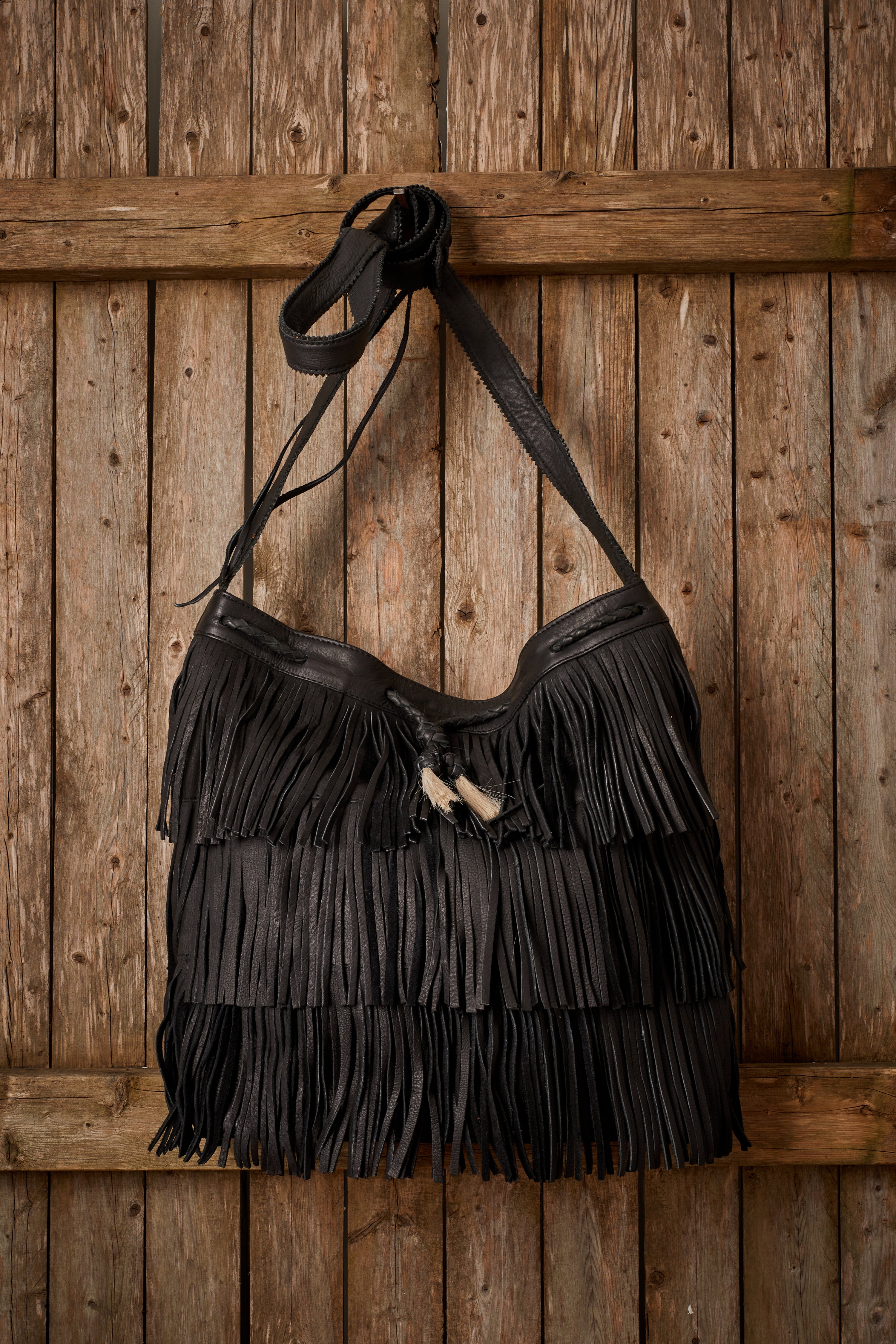 WESTERN BLACK LEATHER DOUBLE FRINGE BAG