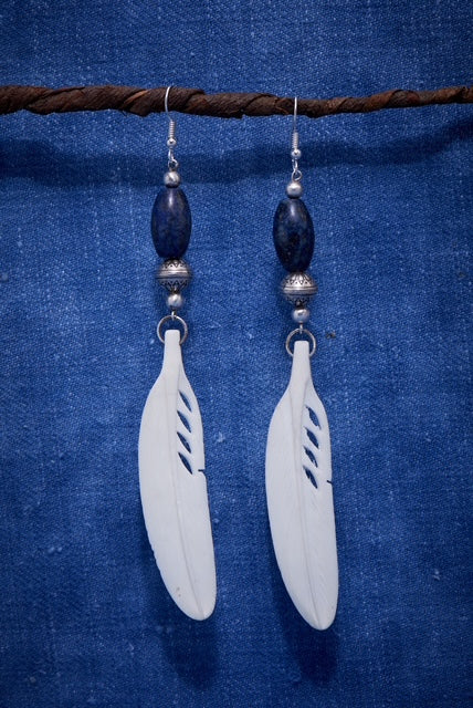 LAPIS AND CREAM LARGE FEATHER EARRINGS