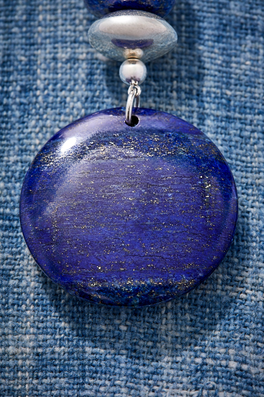 Modern Sterling Silver And Lapis Pendant Choker Necklace