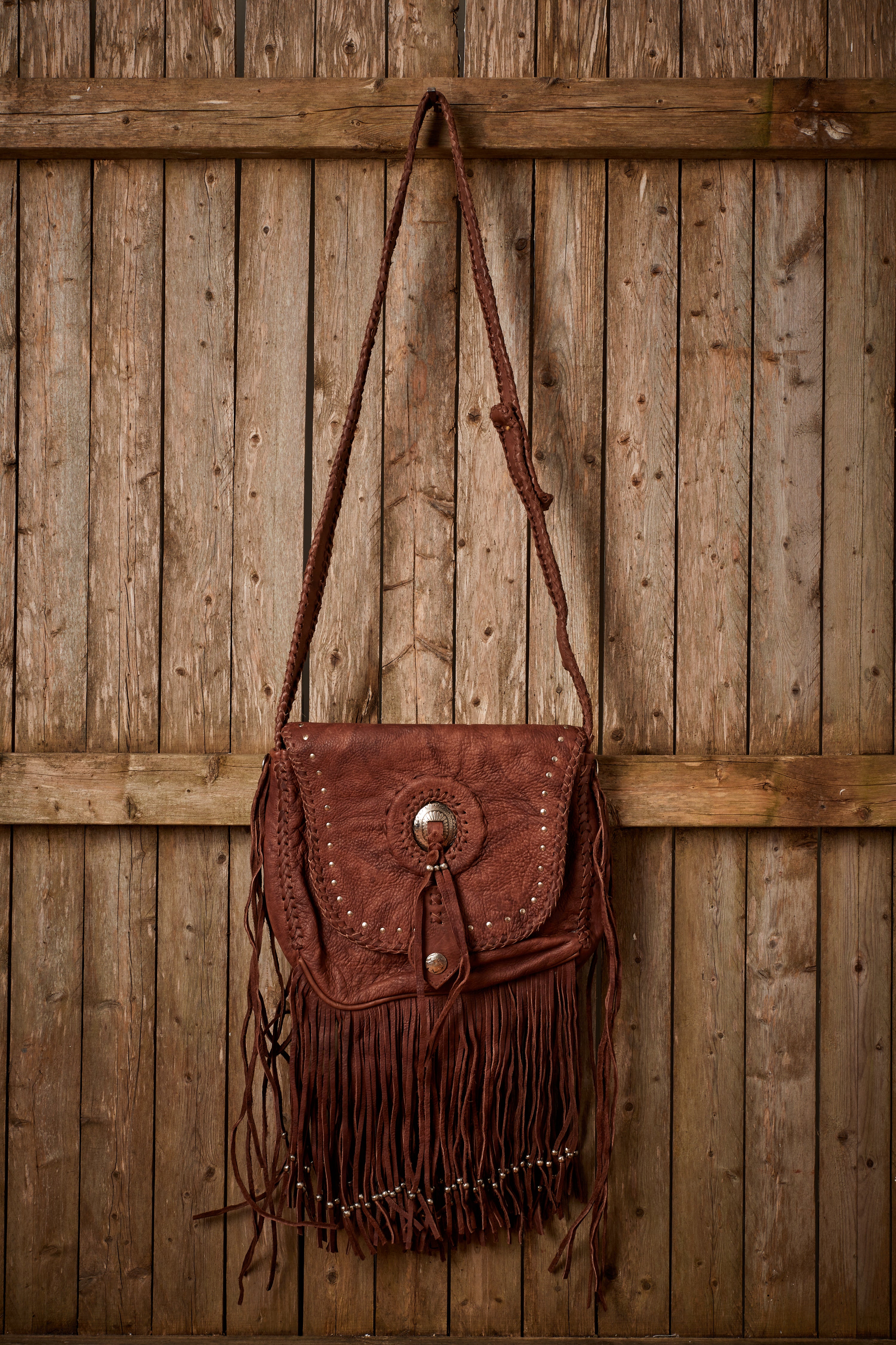 BROWN LEATHER CONCHO BEADED FRINGE BAG