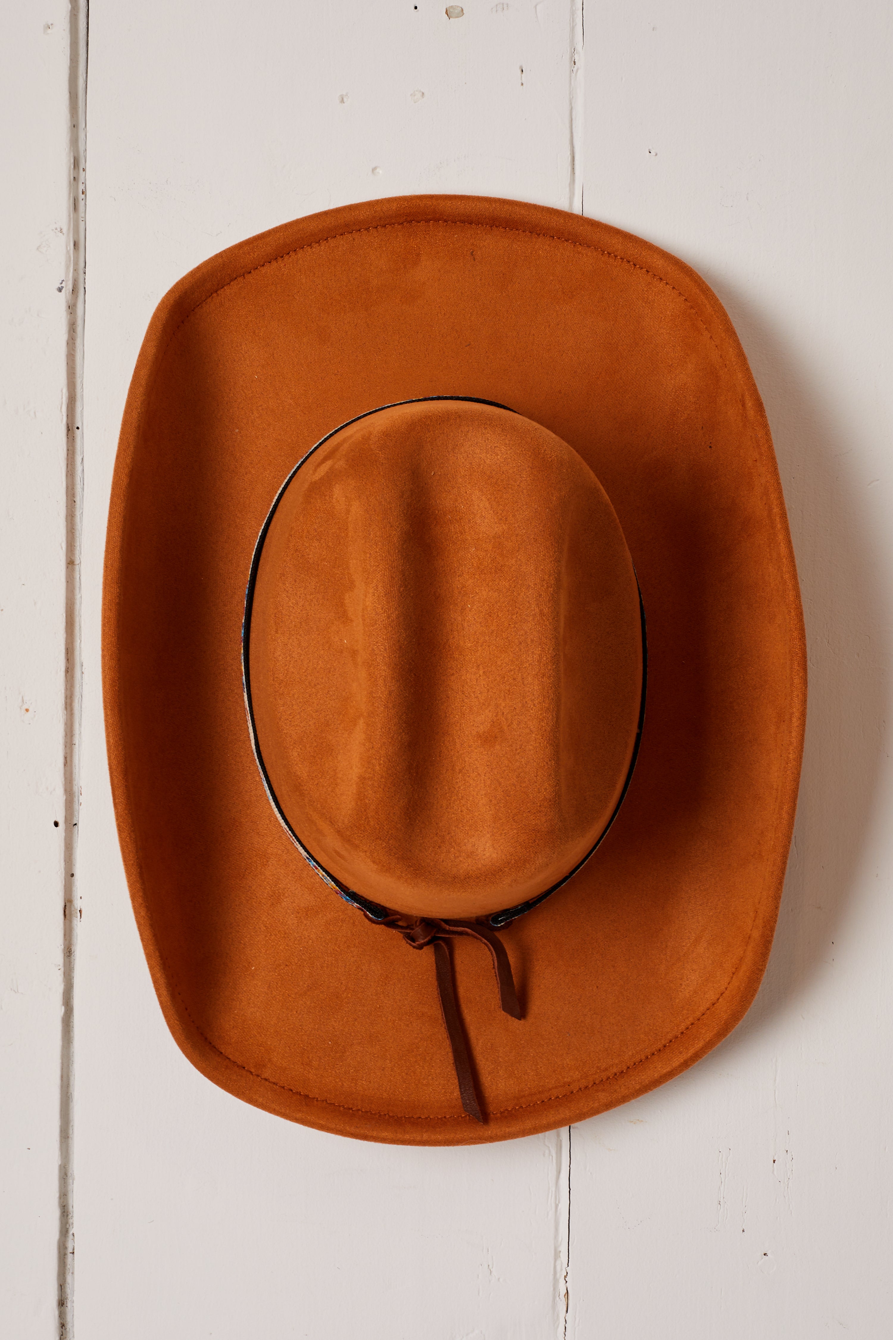 CARAMEL VEGAN SUEDE SWEET EMBROIDERED COWBOY HAT