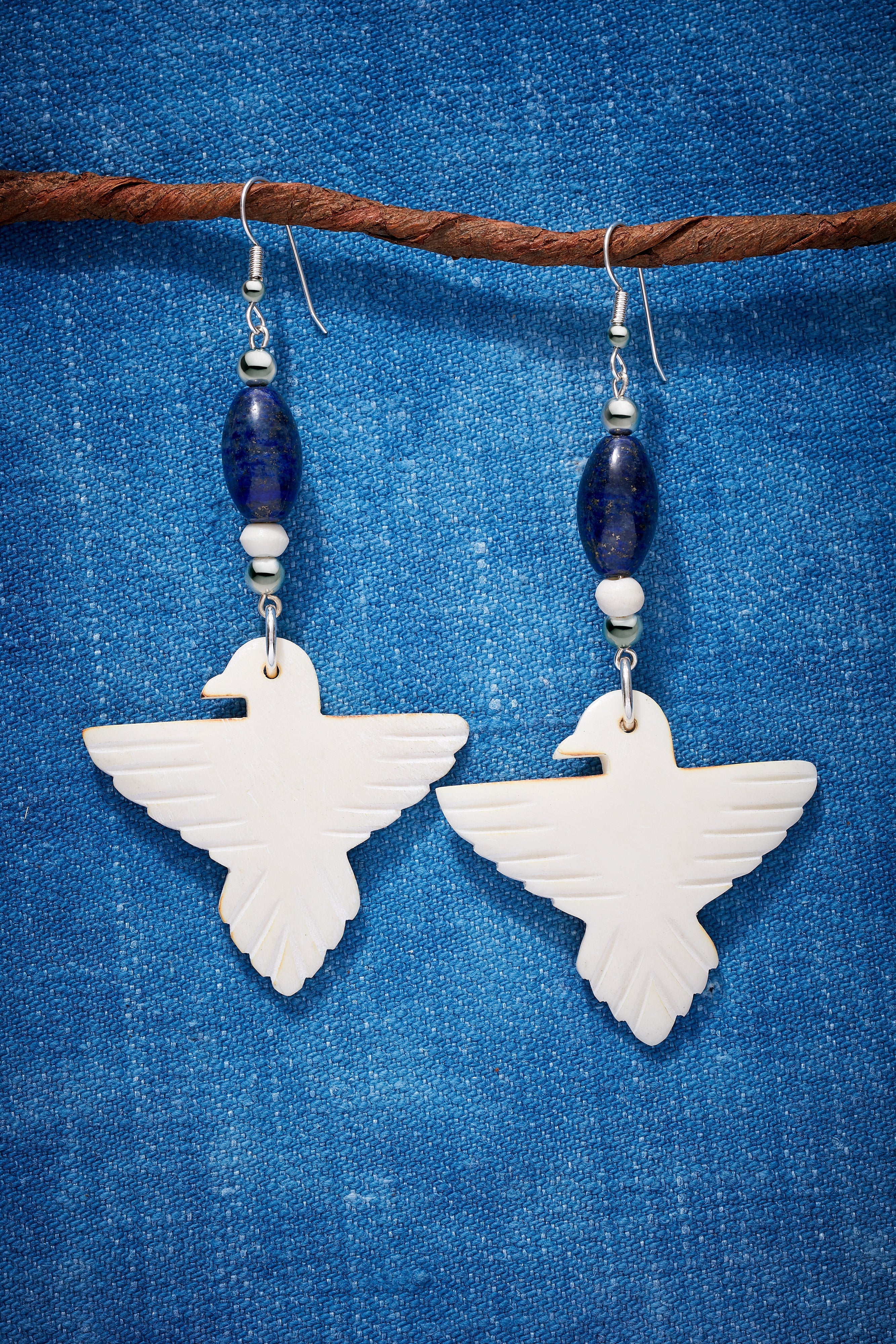 LAPIS AND CREAM THUNDERBIRD EARRINGS