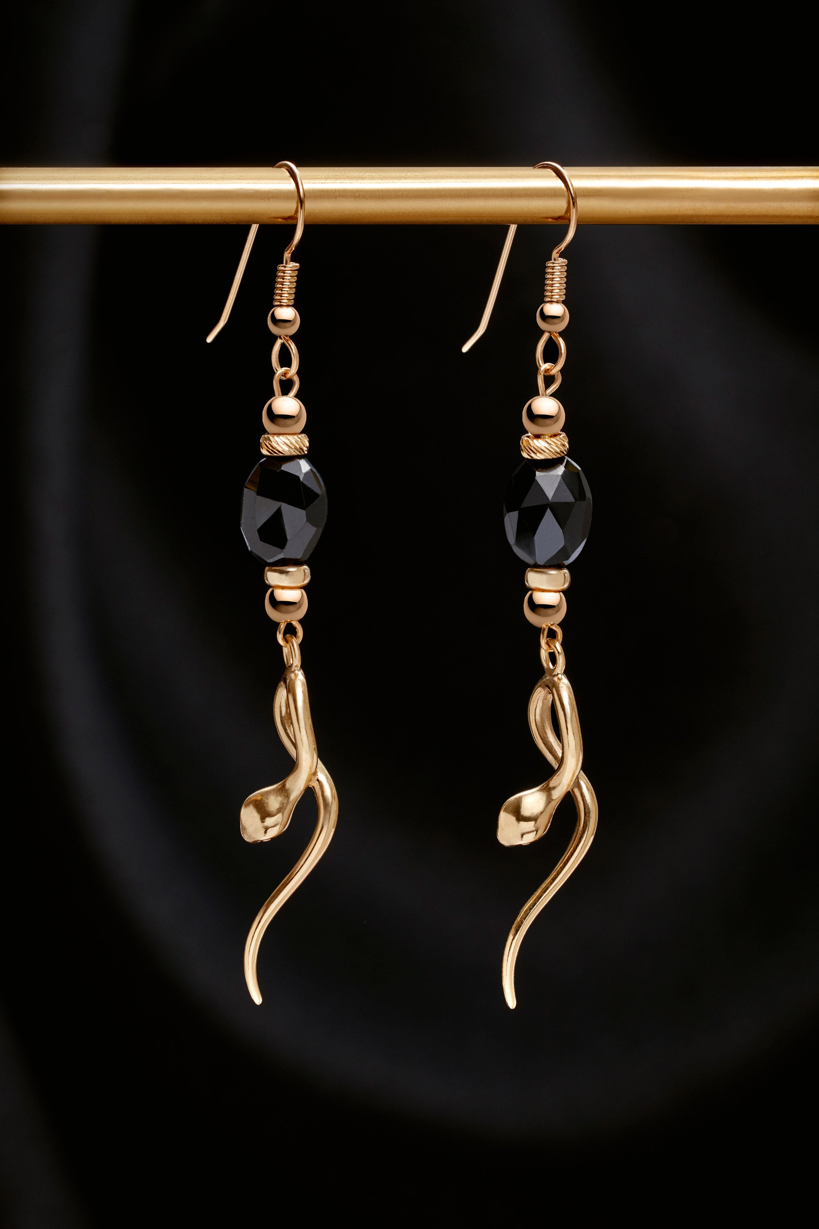 BLACK SPINEL 14K GOLD PEAR DROP EARRINGS