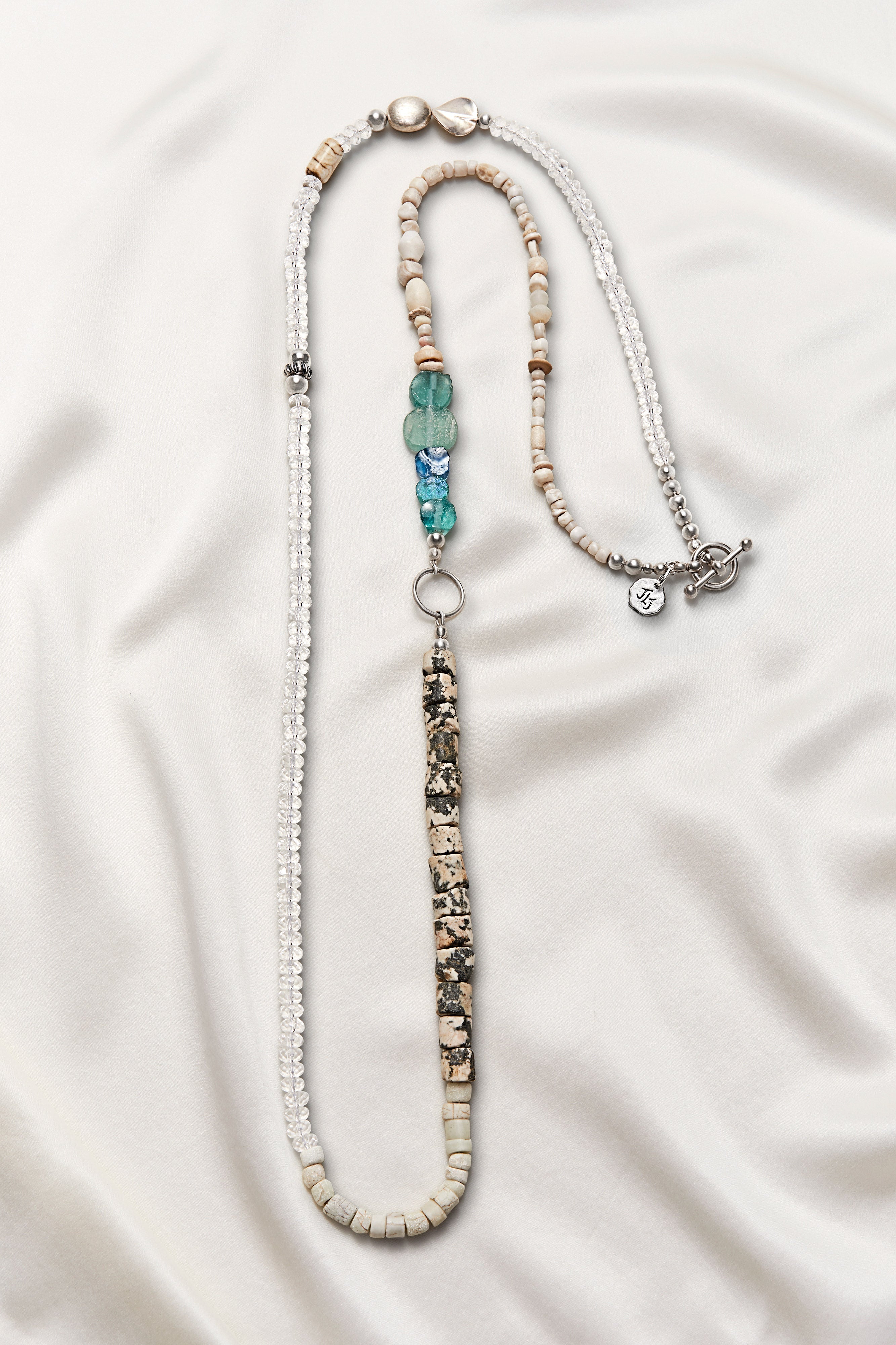 RUGGED CRYSTAL QUARTZ AND BLUE GLASS GRANITE NECKLACE