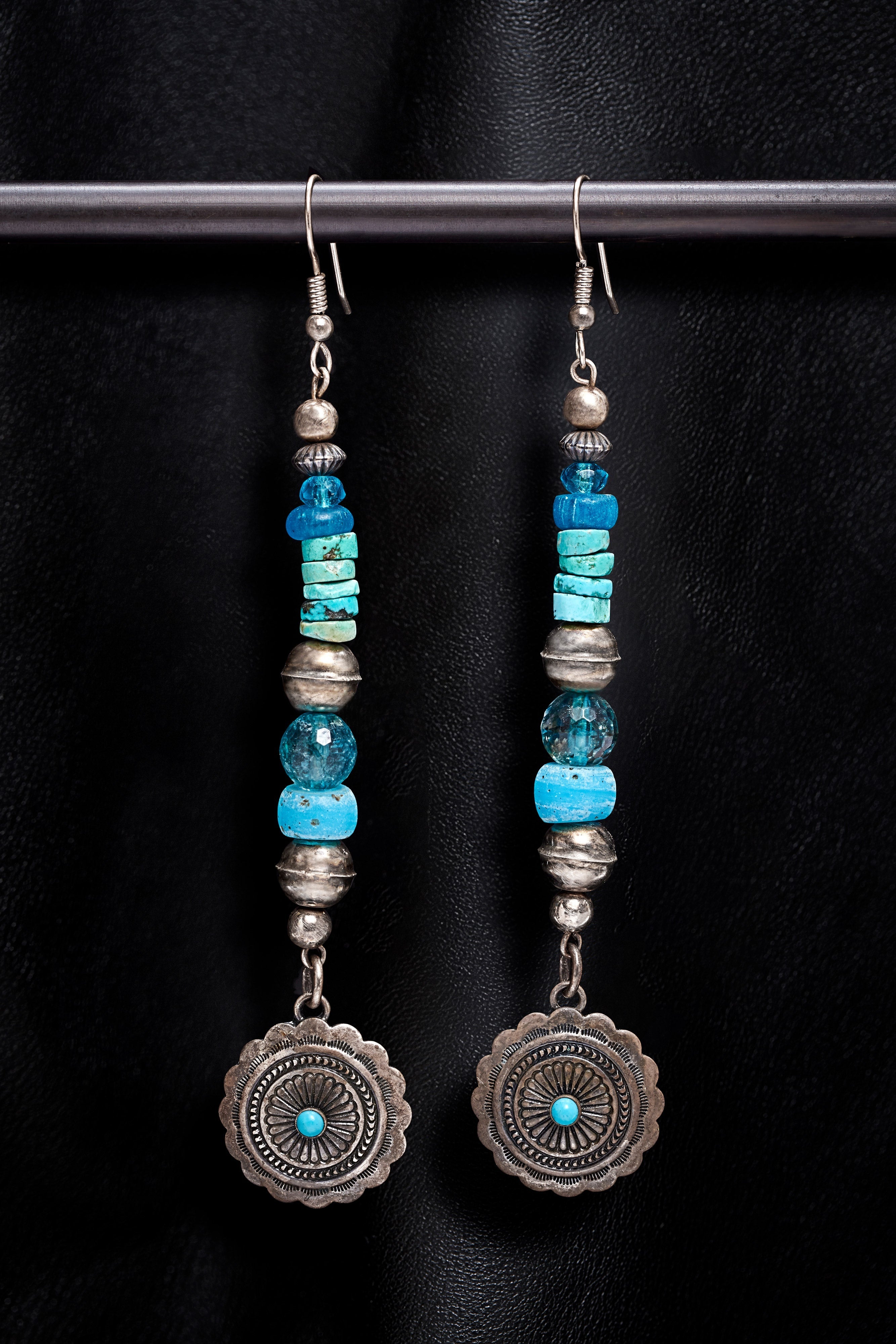 LAYERED TURQUOISE AND OXIDIZED STERLING SILVER CONCHO EARRINGS