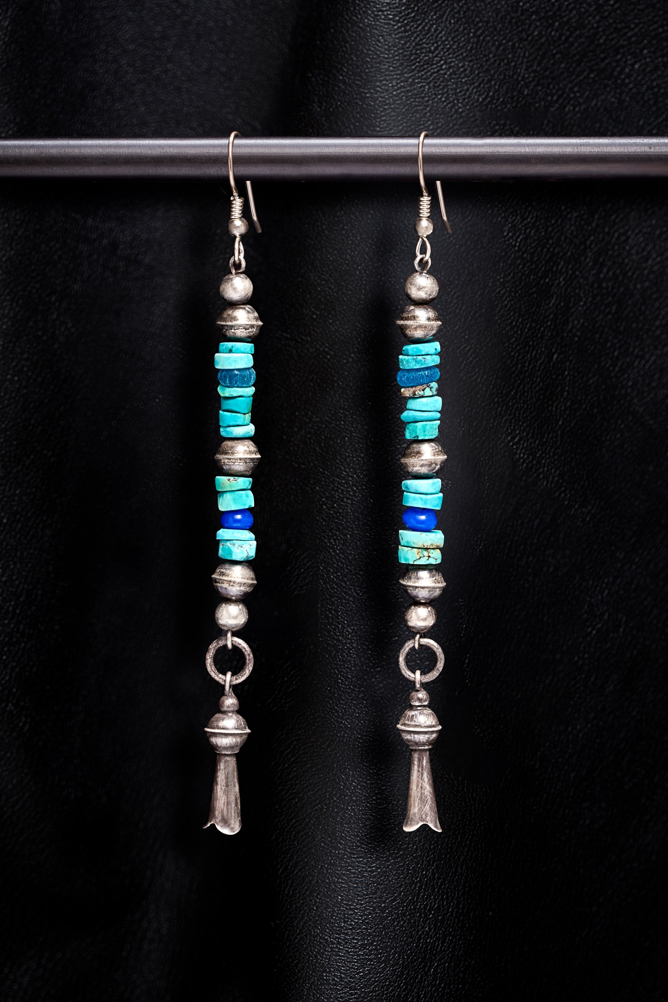 LAYERED TURQUOISE HESHI WITH OXIDIZED STERLING SILVER SQUASH BLOSSOM EARRINGS