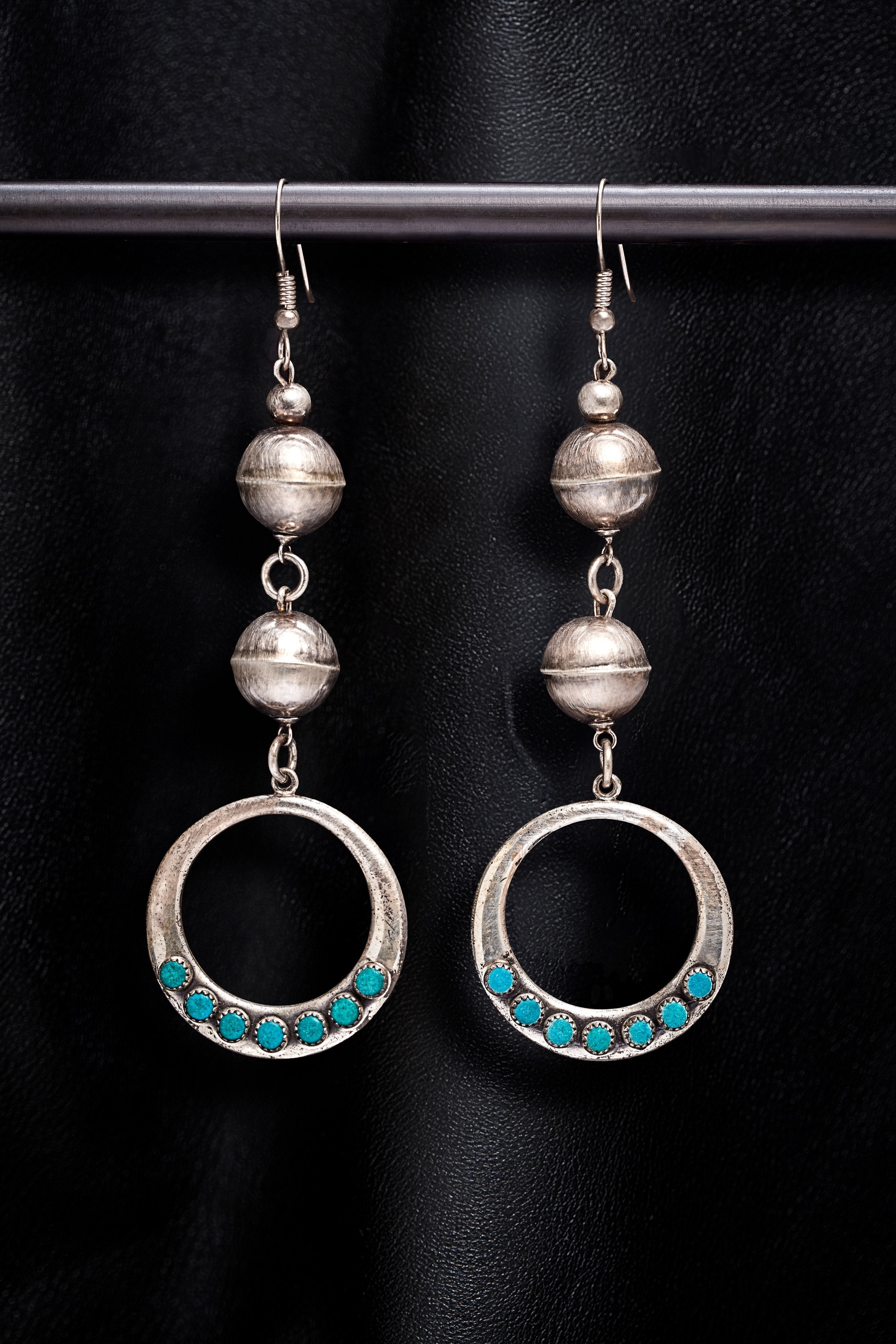 DOUBLE OXIDIZED STERLING SILVER BEAD WITH VINTAGE STERLING SILVER AND TURQUOISE HOOP EARRINGS