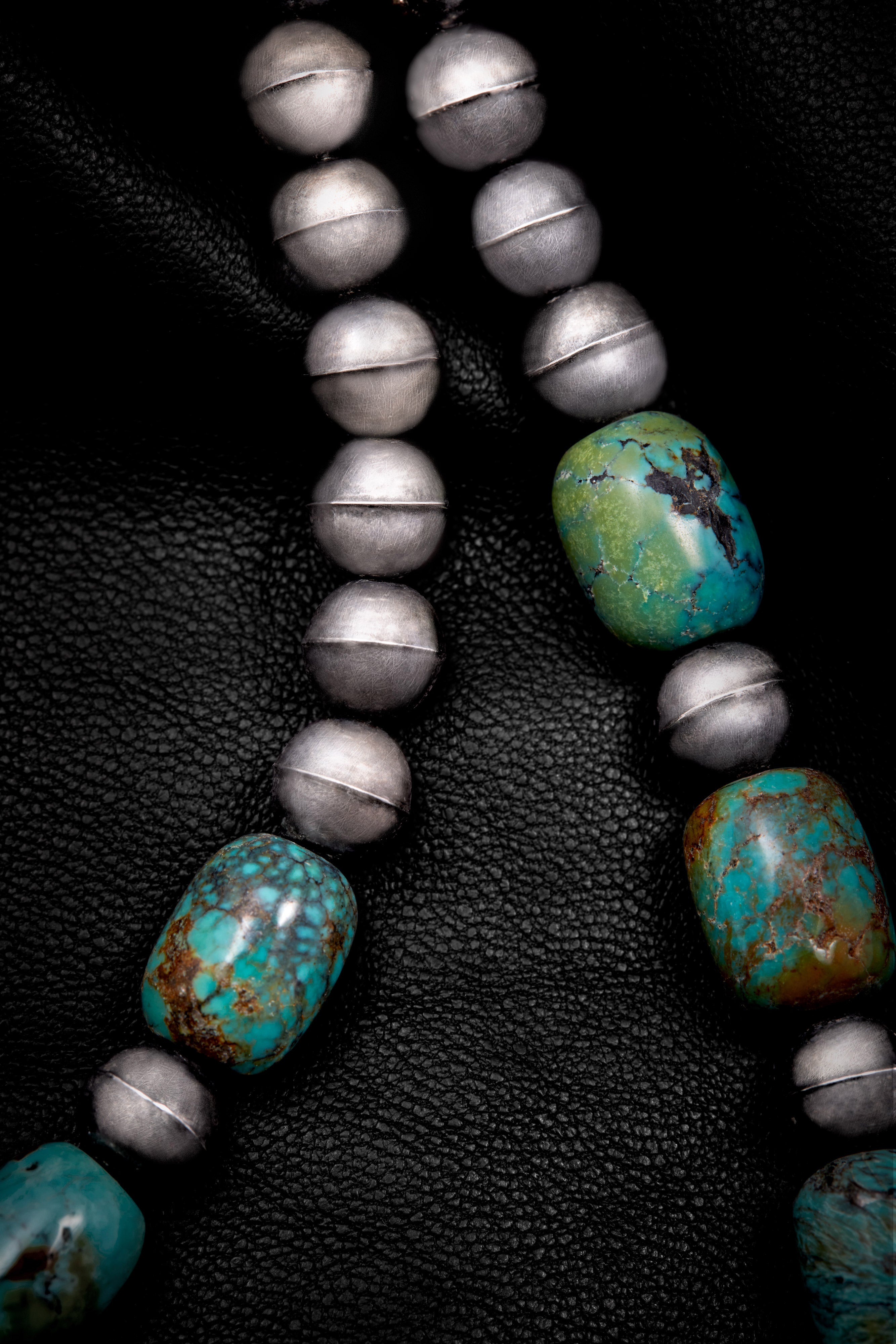 BLUE-GREEN TURQUOISE AND OXIDIZED STERLING SILVER FEATHER NECKLACE