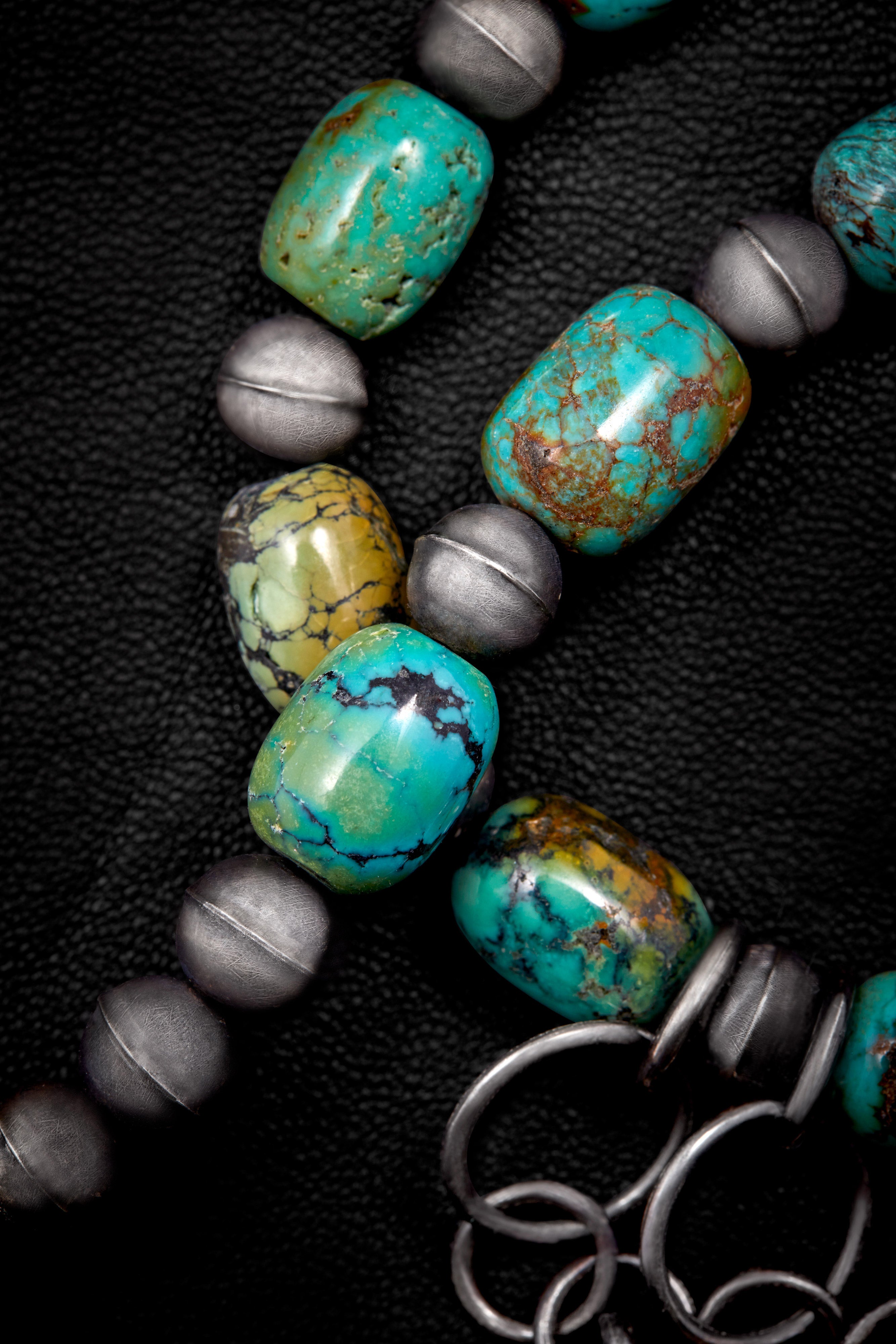 BLUE-GREEN TURQUOISE AND OXIDIZED STERLING SILVER FEATHER NECKLACE