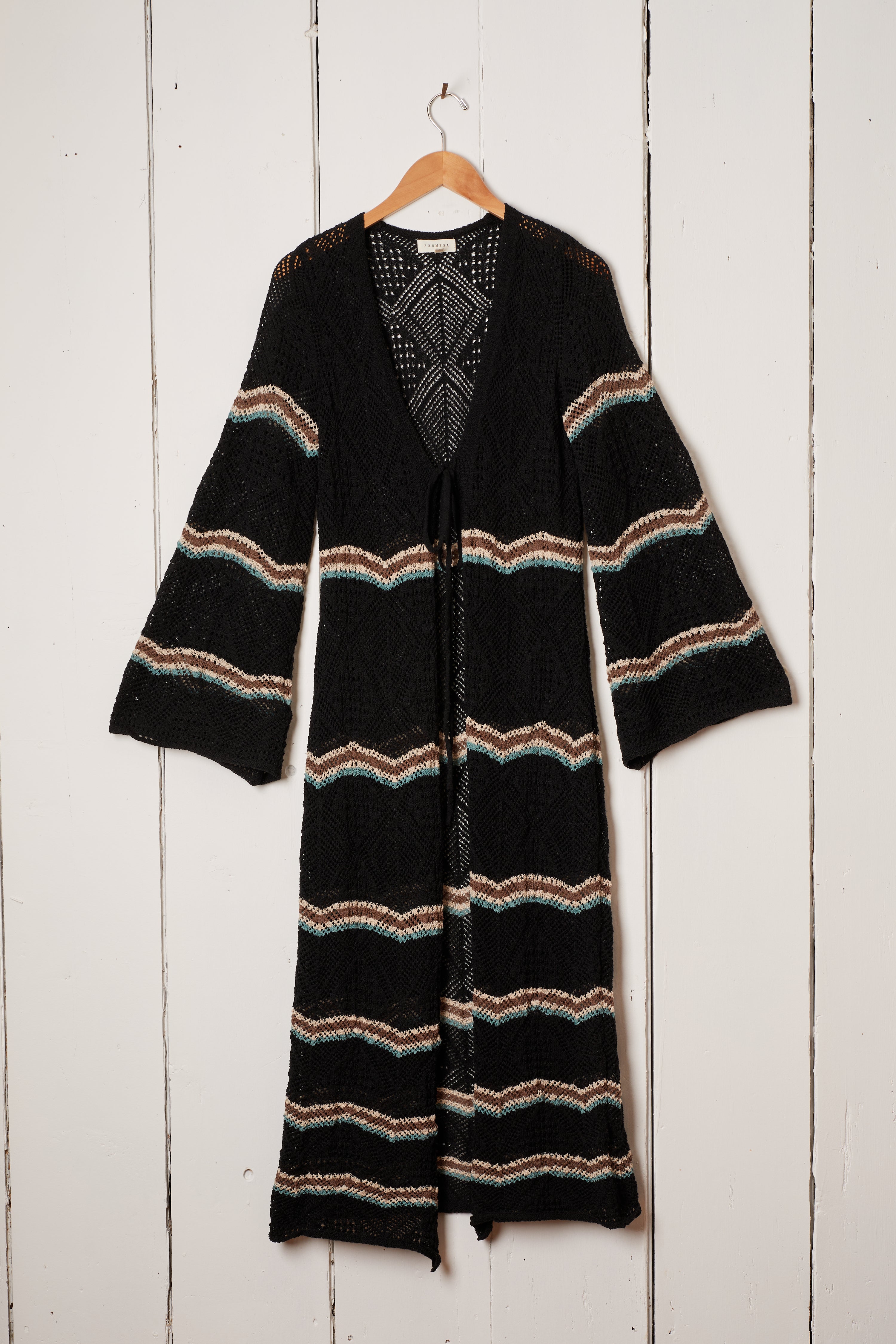 STRIPED CROCHET KNIT DUSTER - BLACK