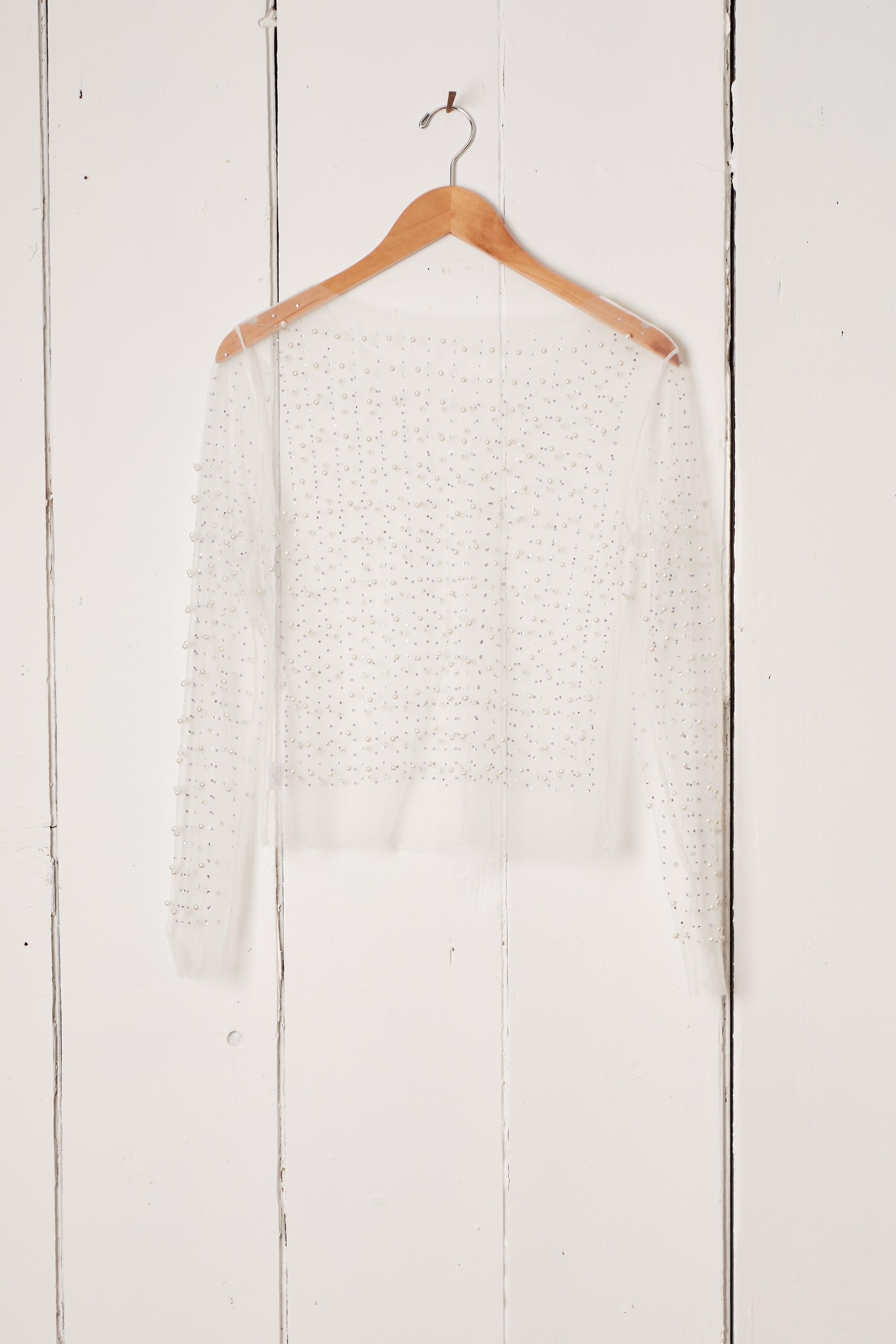 WHITE PEARL STUDDED SHEER LONG SLEEVE SHIRT
