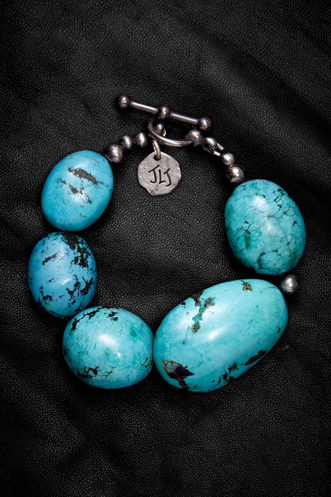 LARGE TURQUOISE BLUE STONE OXIDIZED STERLING SILVER BRACELET