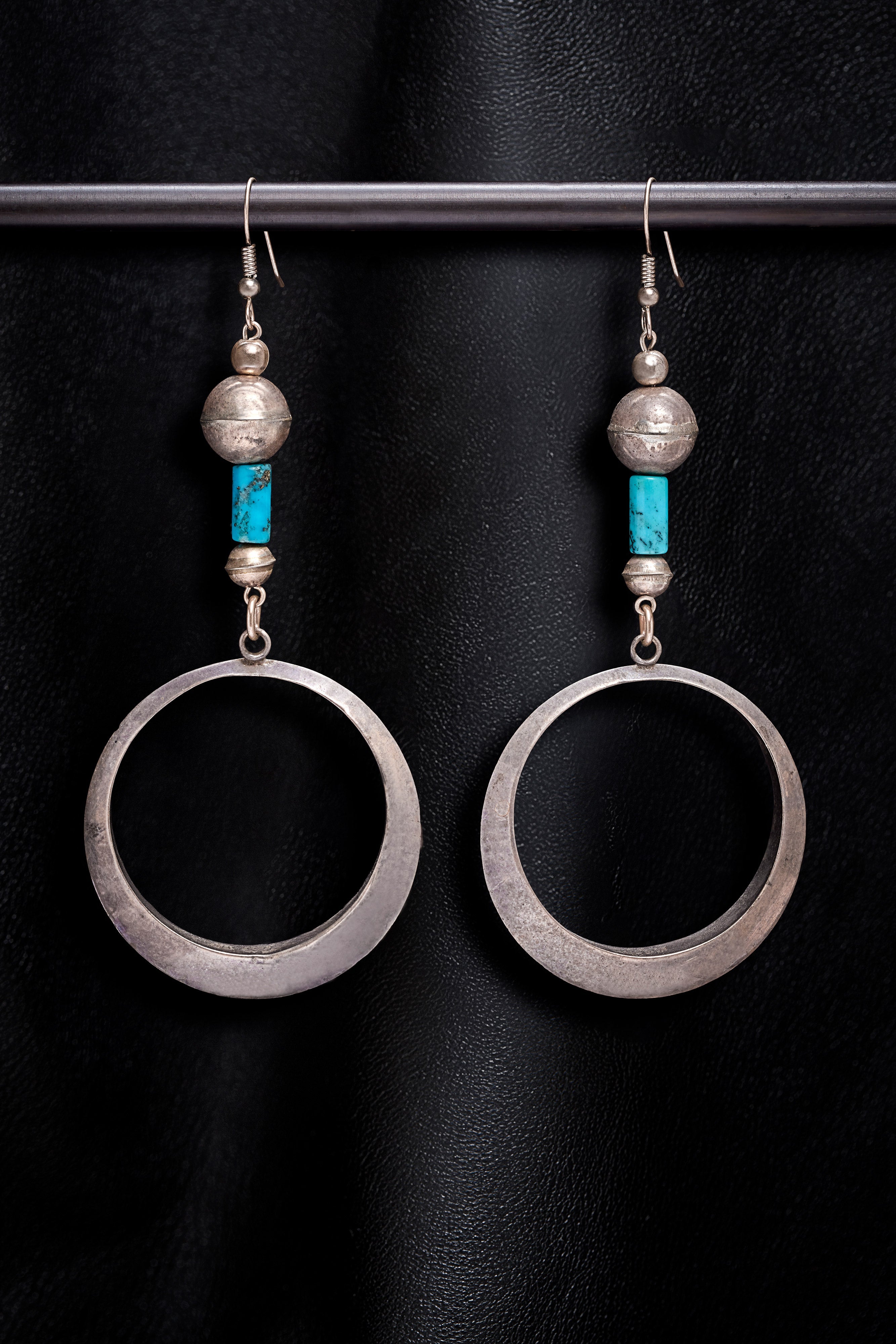 TURQUOISE AND VINTAGE STERLING SILVER HOOP EARRINGS