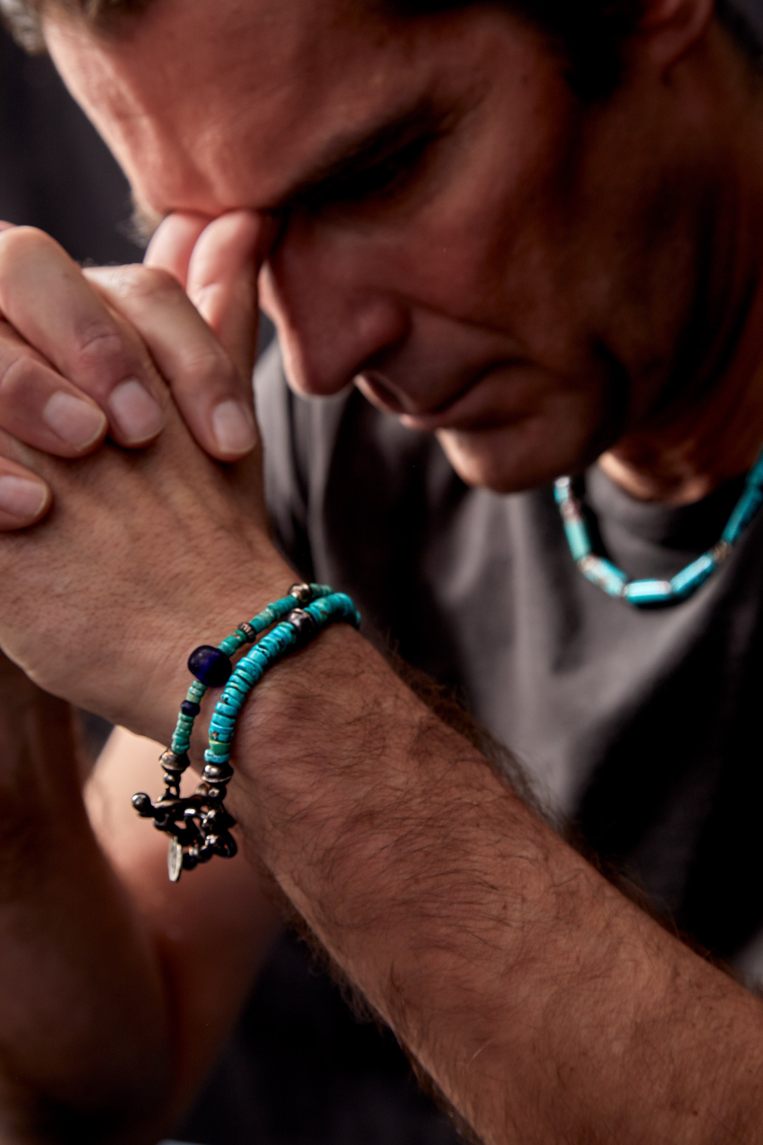 THICK LAYERED TURQUOISE AND BLUE OXIDIZED STERLING SILVER BRACELET