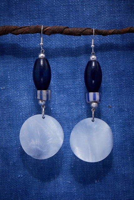 NAVY AND STRIPE WHITE SHELL EARRINGS