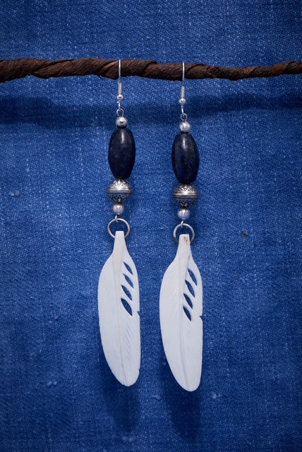 LAPIS AND CREAM FEATHER EARRINGS
