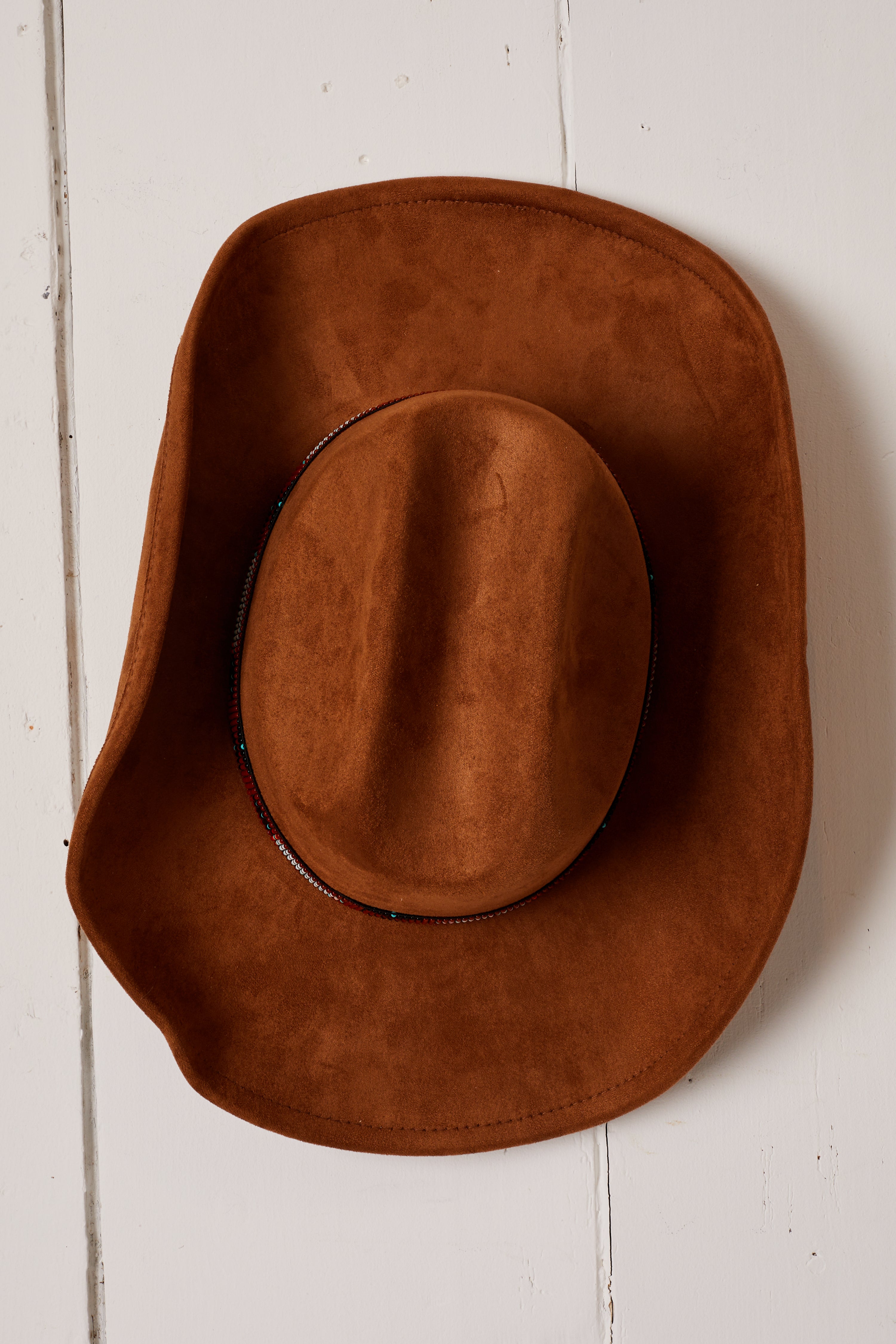 BROWN SUEDE BEADED VICTORY COWBOY HAT