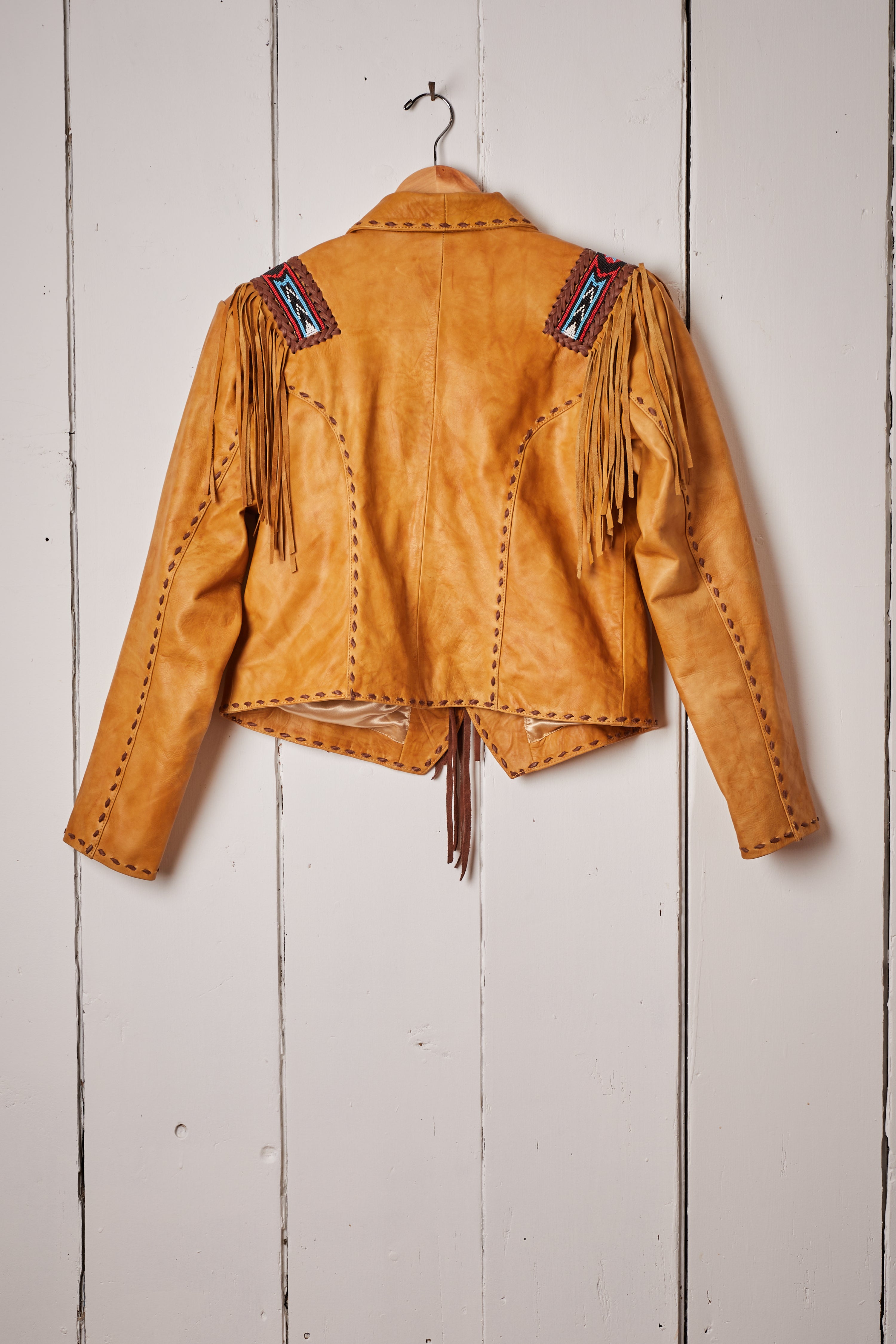 TAN LEATHER BEADED FRINGE JACKET