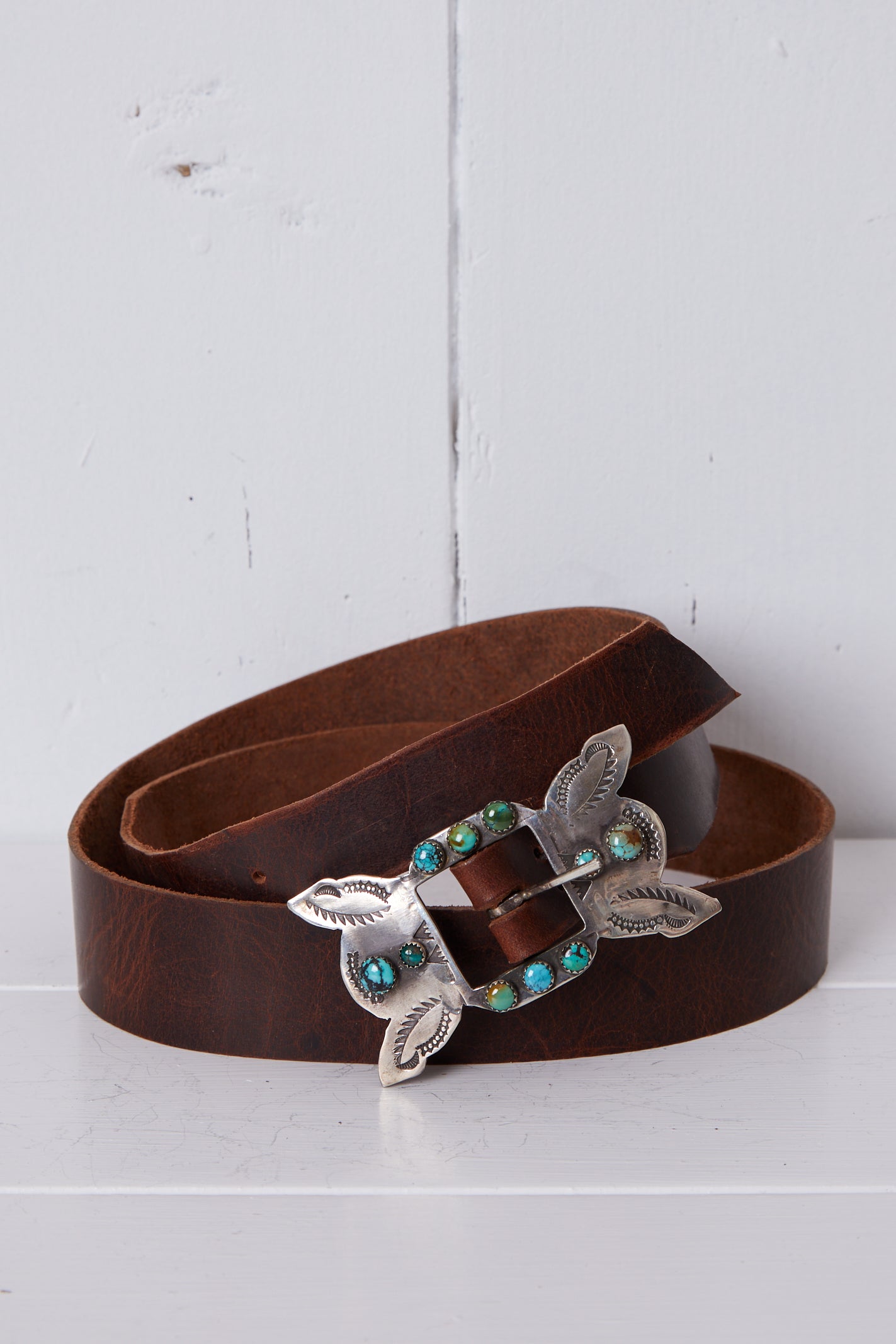 HAND MADE BROWN LEATHER BELT WITH STERLING SILVER AND TURQUOISE BUTTERFLY CONCHOBUCKLE