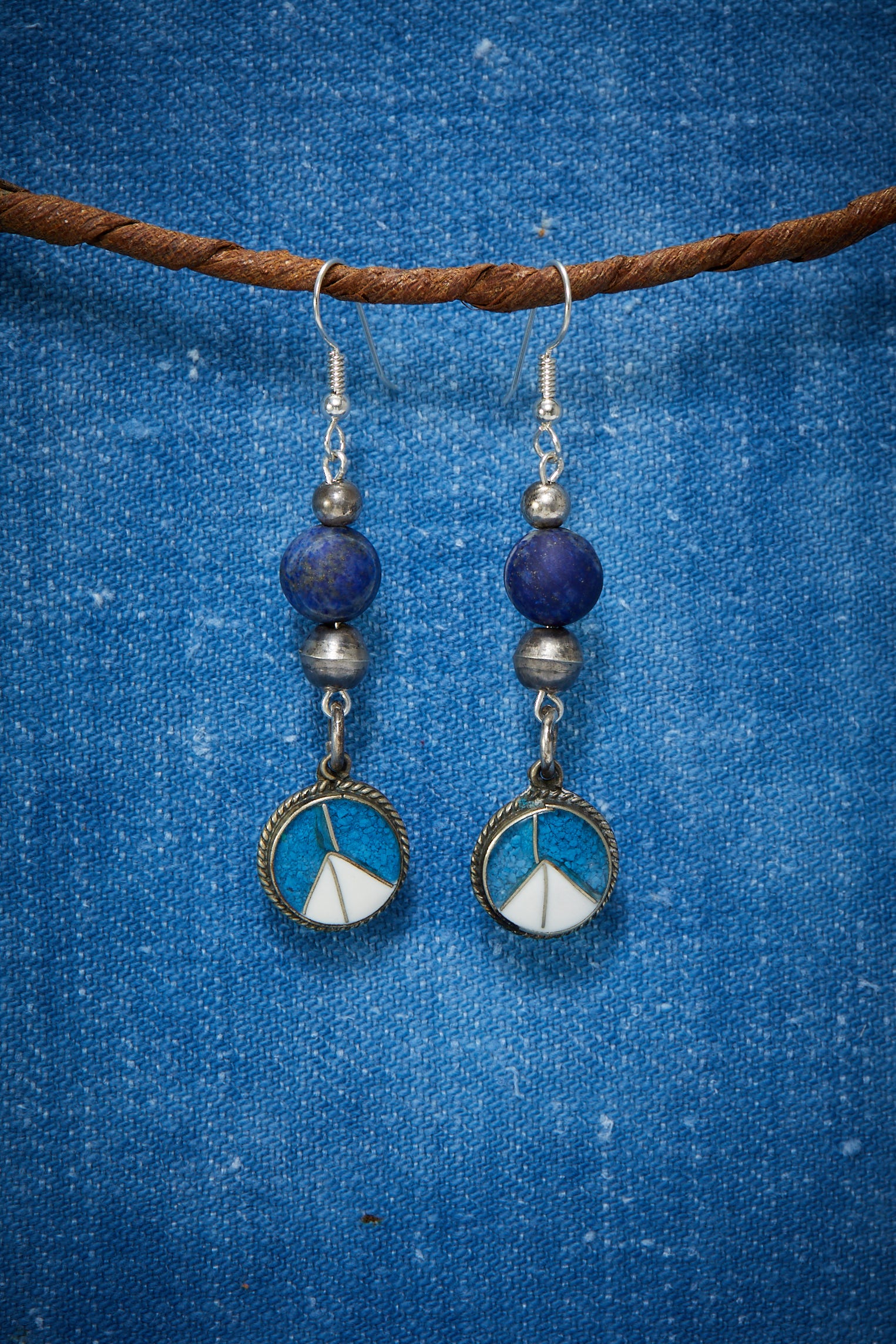 LAPIS AND VINTAGE STERLING SILVER INLAY ROUND DROPS