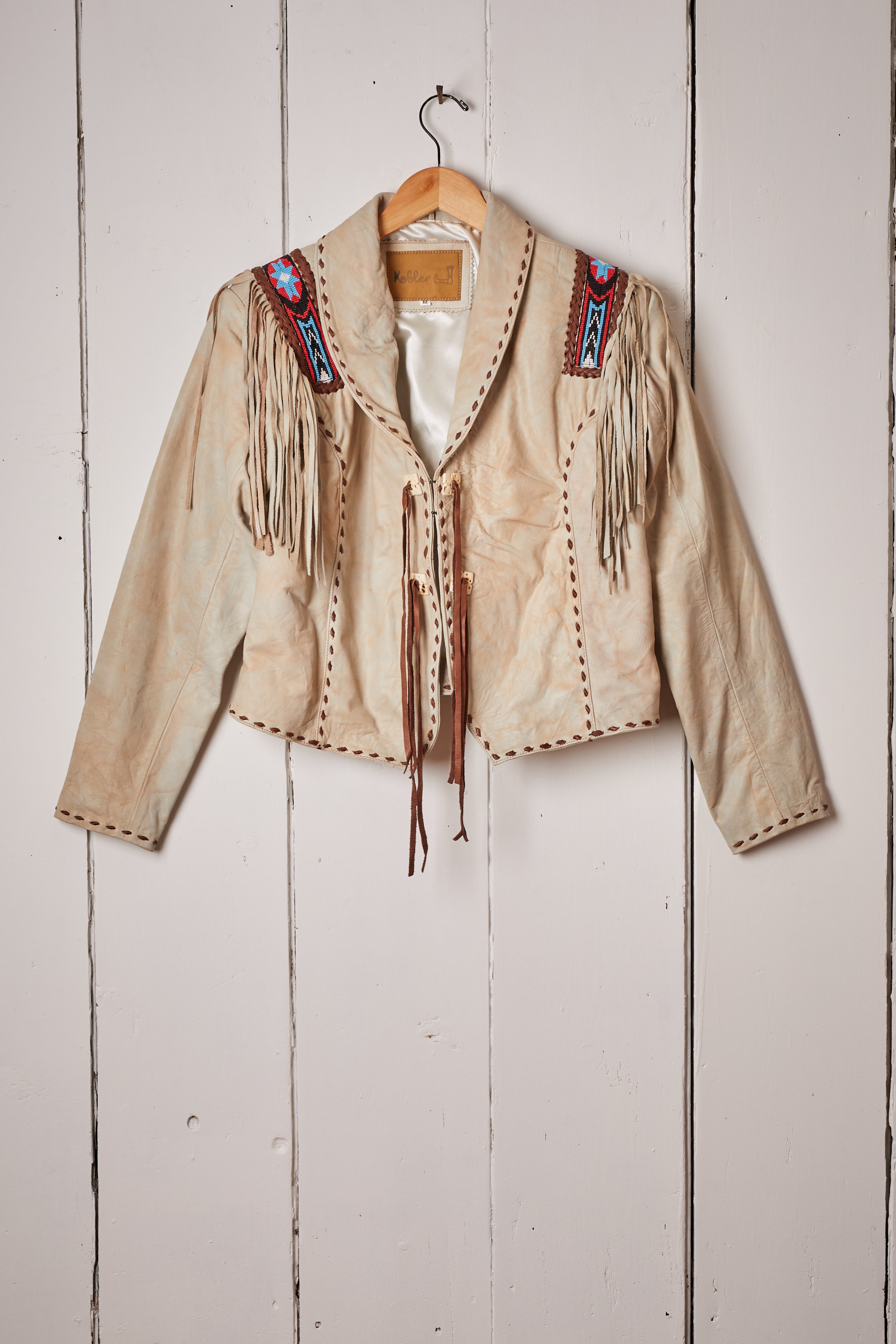 CREAM LEATHER BEADED FRINGE JACKET