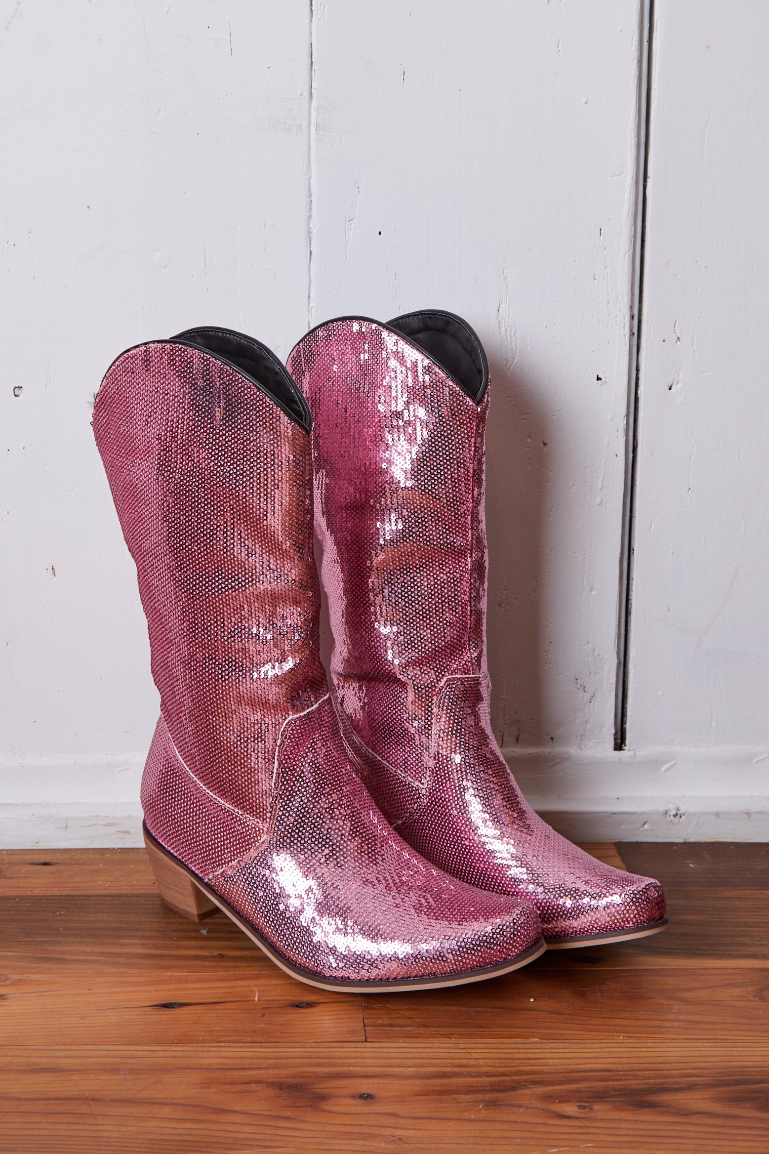 VEGAN PINK SEQUIN COWBOY BOOTS