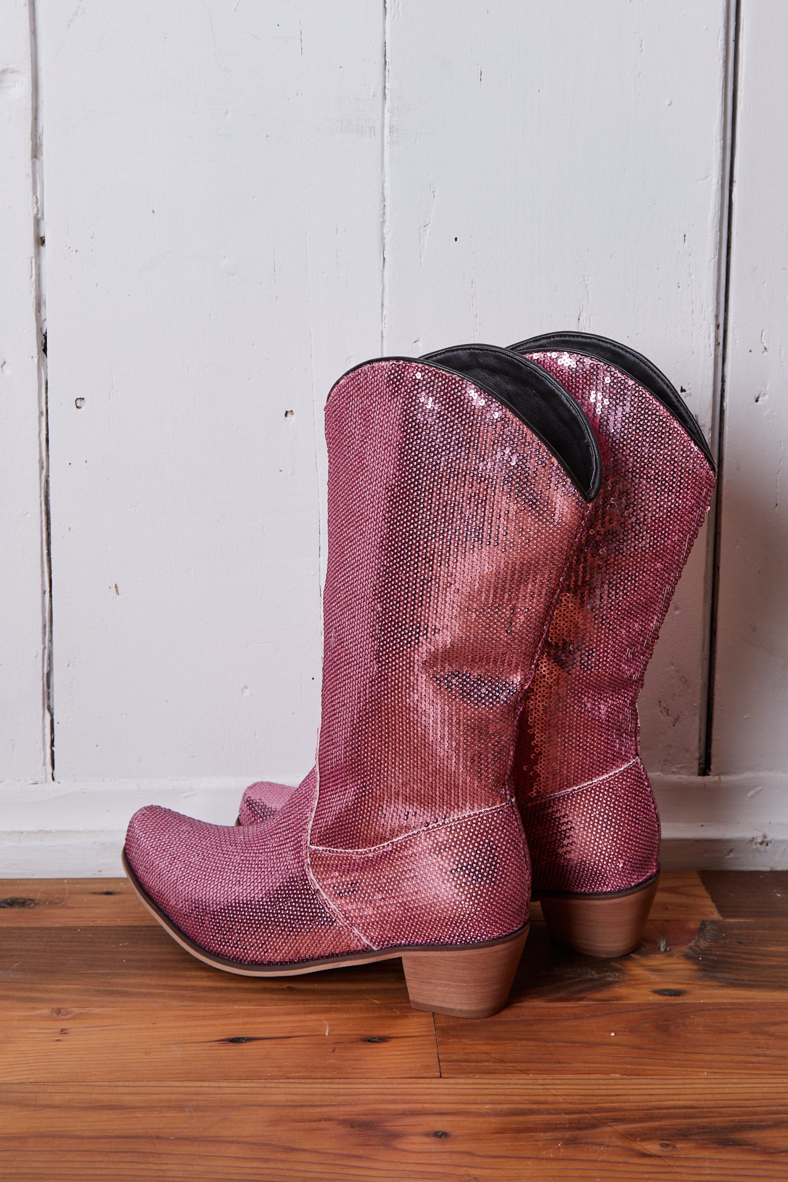 VEGAN PINK SEQUIN COWBOY BOOTS