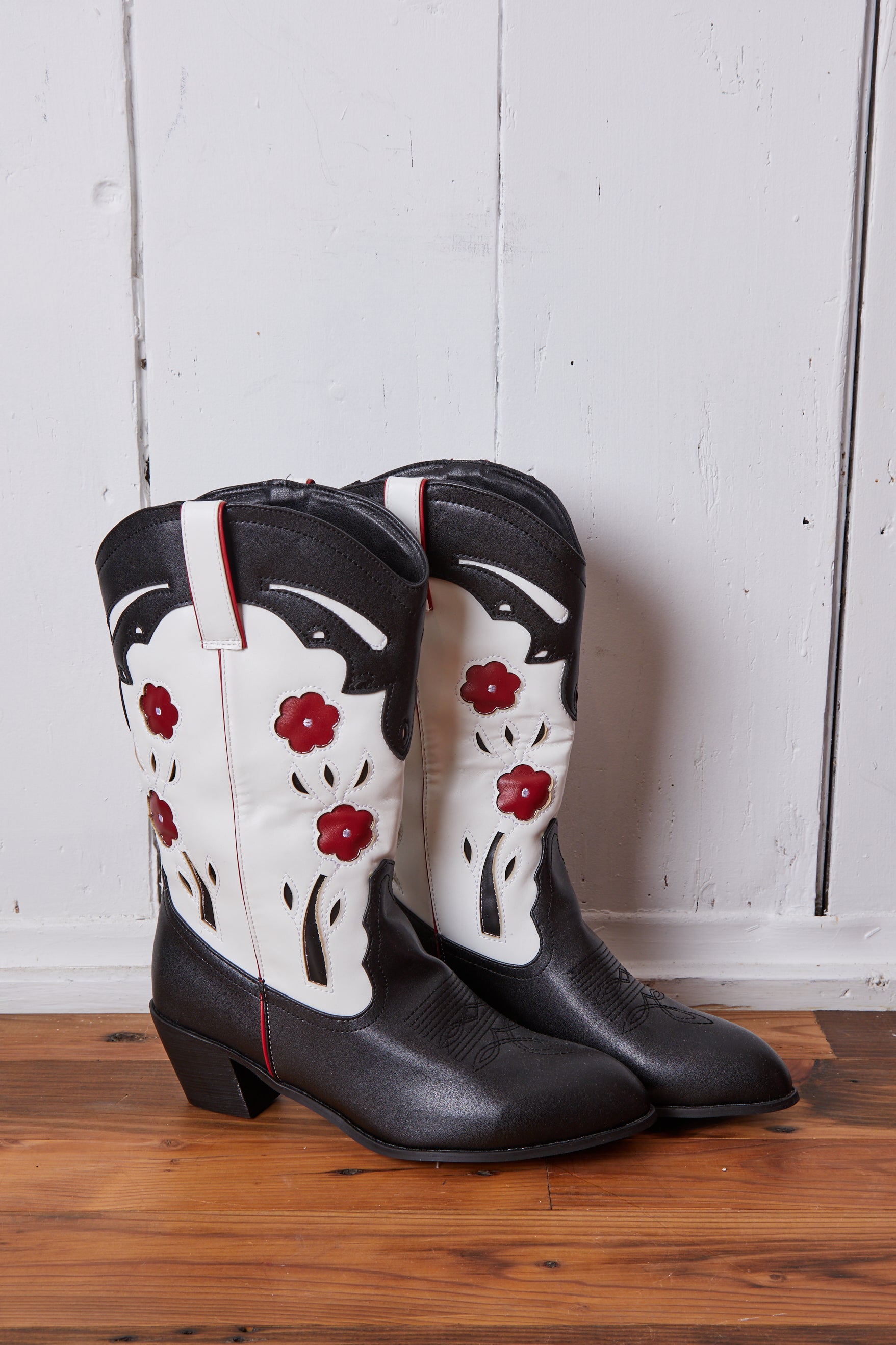 VEGAN BLACK AND RED FLOWER COWBOY BOOTS