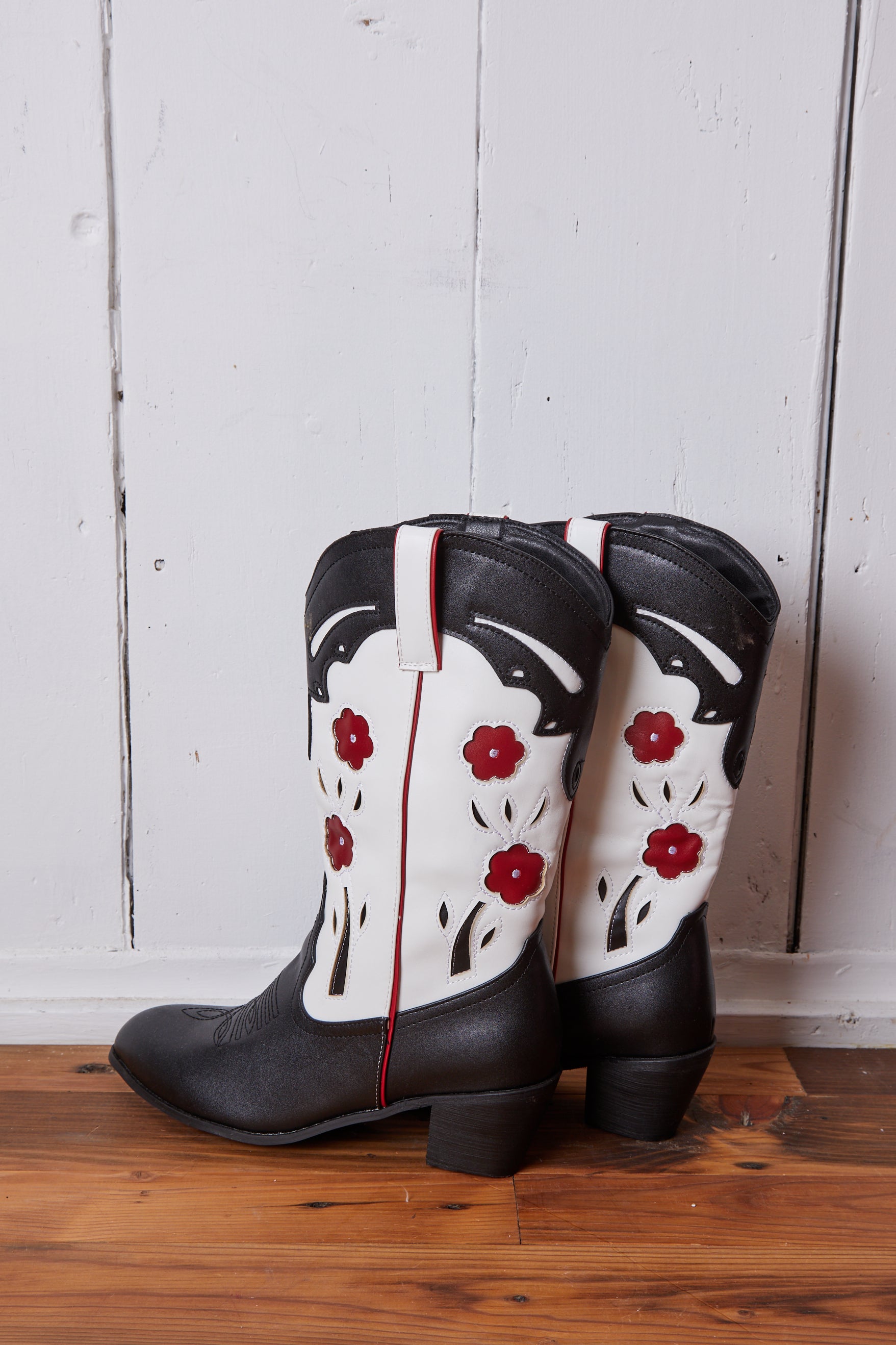 VEGAN BLACK AND RED FLOWER COWBOY BOOTS