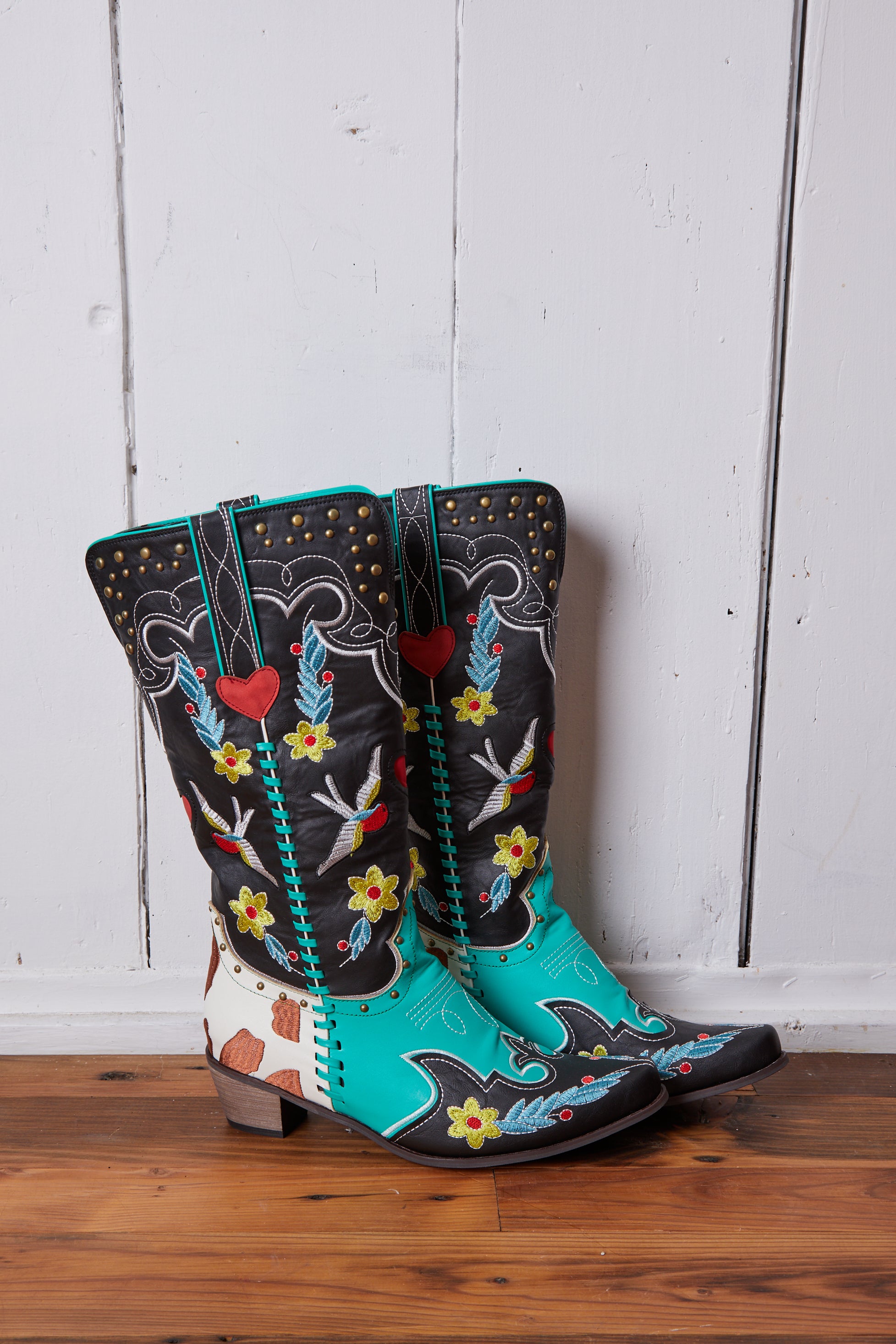 VEGAN BLACK COLORFUL BIRD AND FLOWER COWBOY BOOTS
