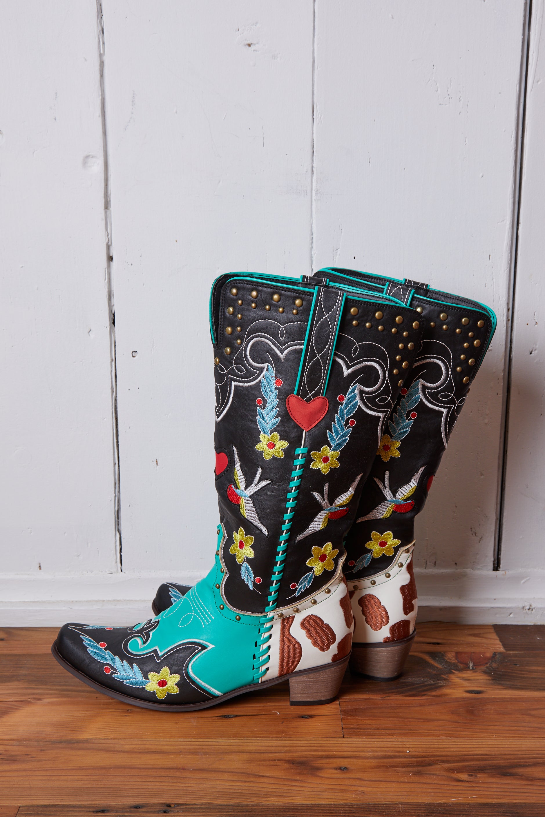 VEGAN BLACK COLORFUL BIRD AND FLOWER COWBOY BOOTS