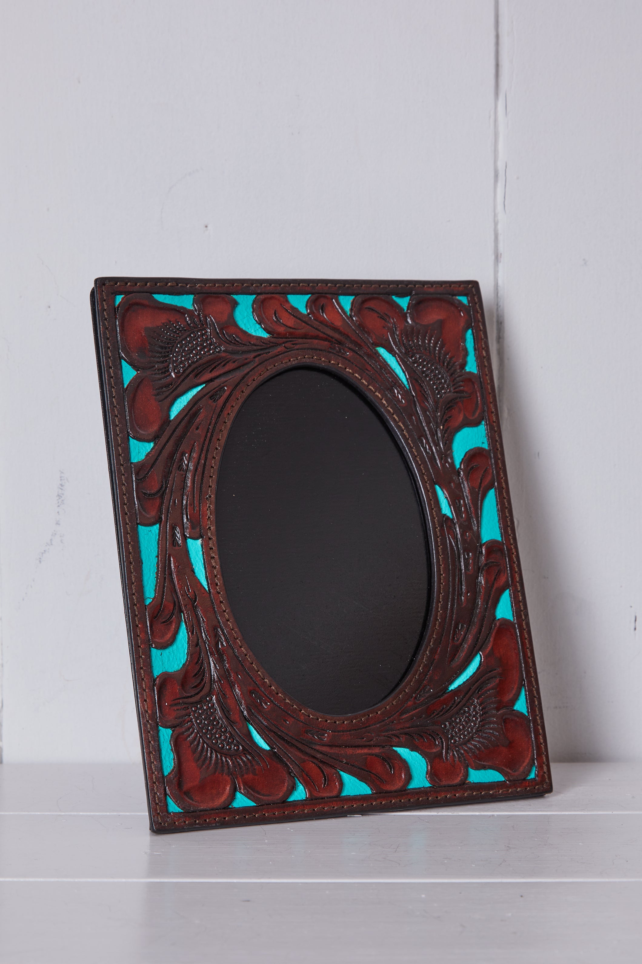 DARK BROWN AND TURQUOISE TOOLED LEATHER PICTURE FRAME- Sm