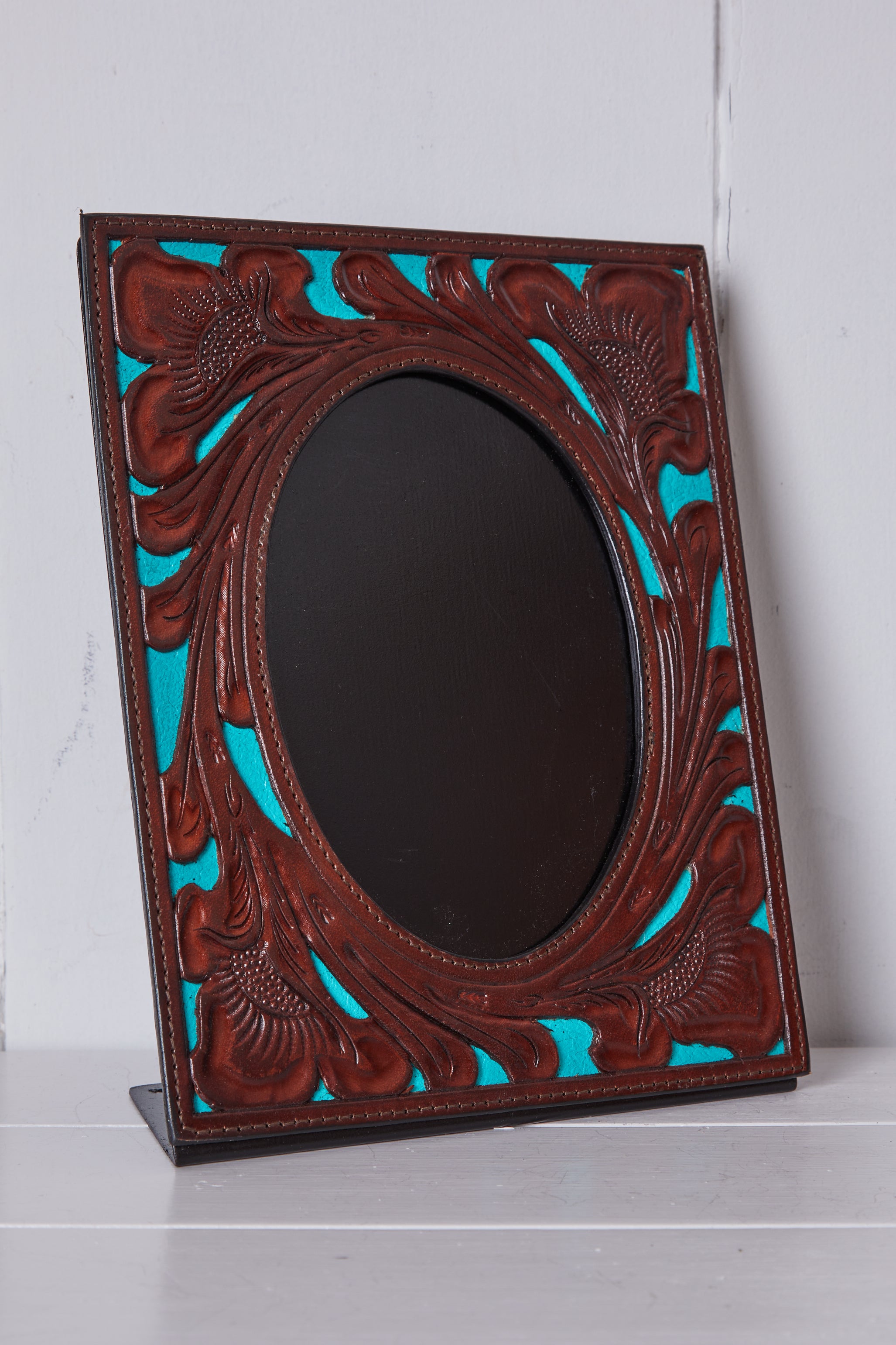 DARK BROWN AND TURQUOISE TOOLED LEATHER PICTURE FRAME -