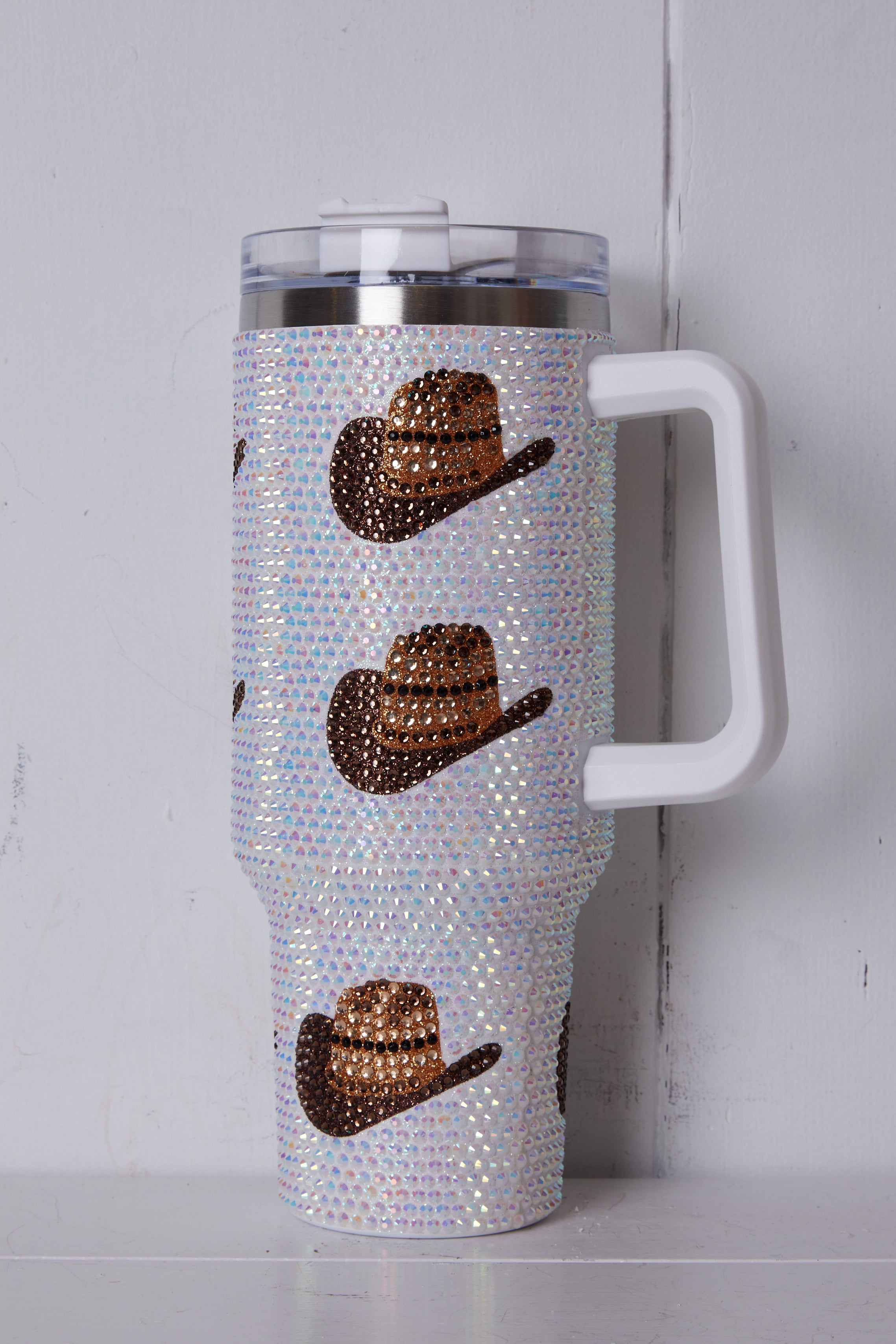 WHITE RHINESTONE COWBOY HAT TUMBLER