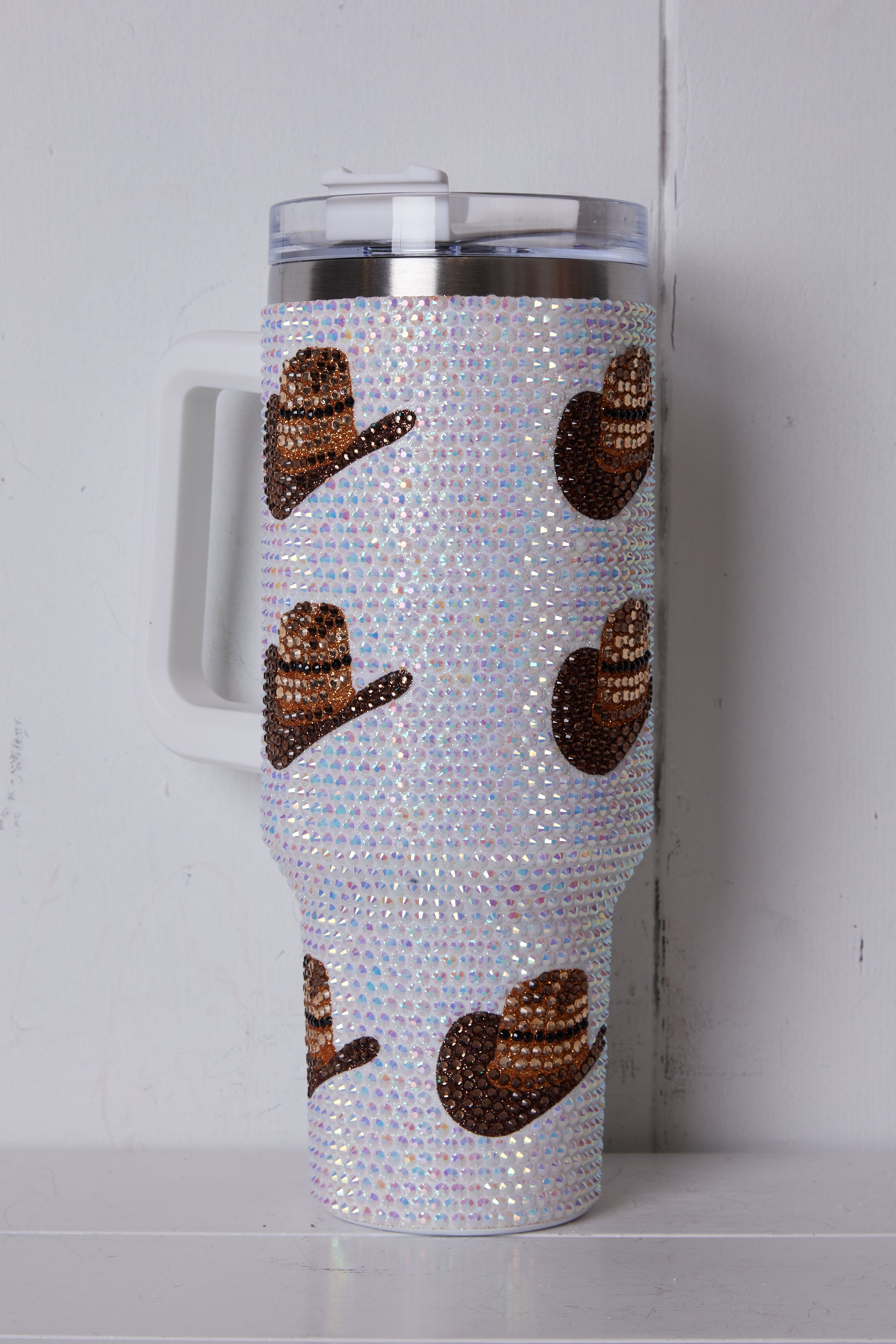 WHITE RHINESTONE COWBOY HAT TUMBLER