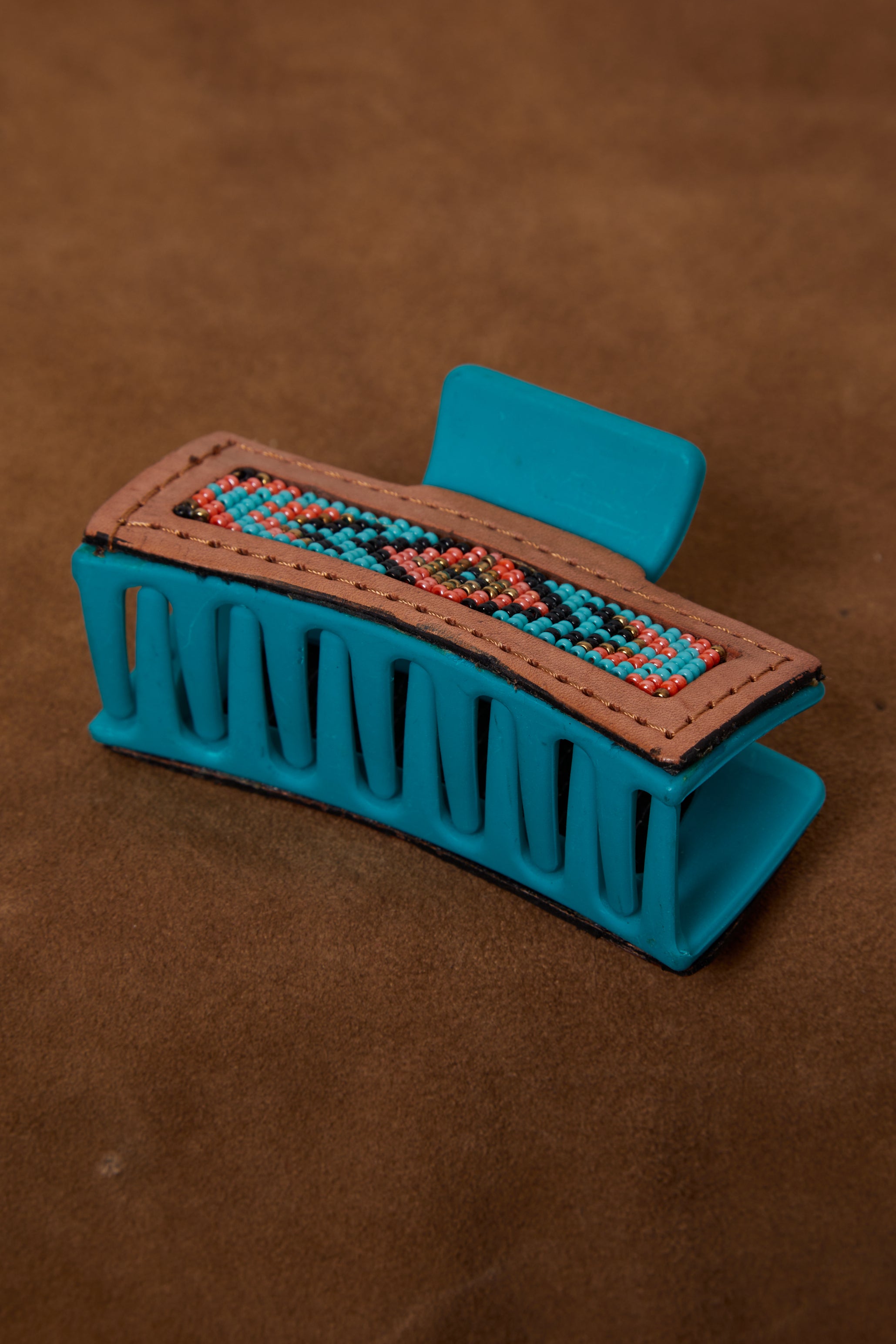TURQUOISE AND ORANGE BEADED LEATHER HAIR CLIP