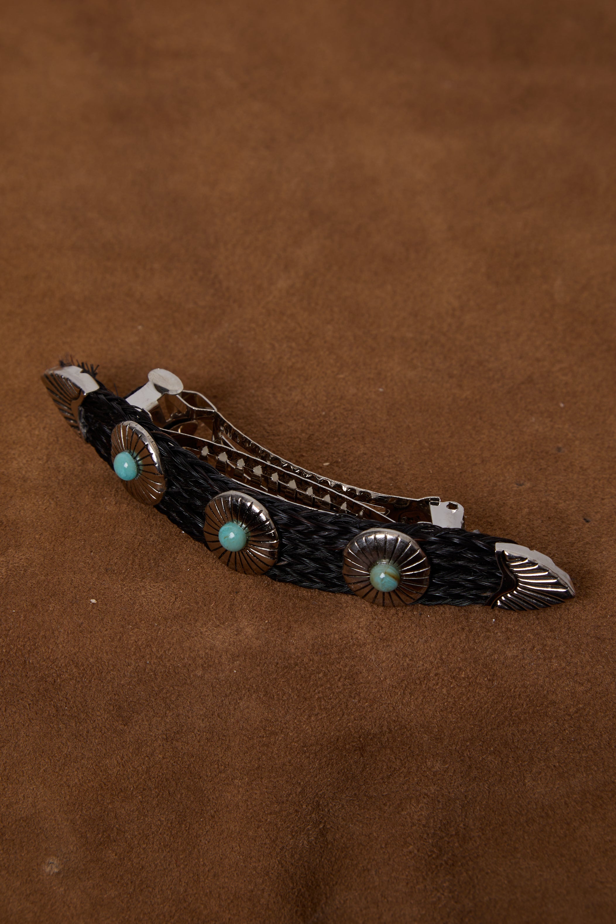 BLACK HORSEHAIR TURQUOISE CONCHO BARRETTE