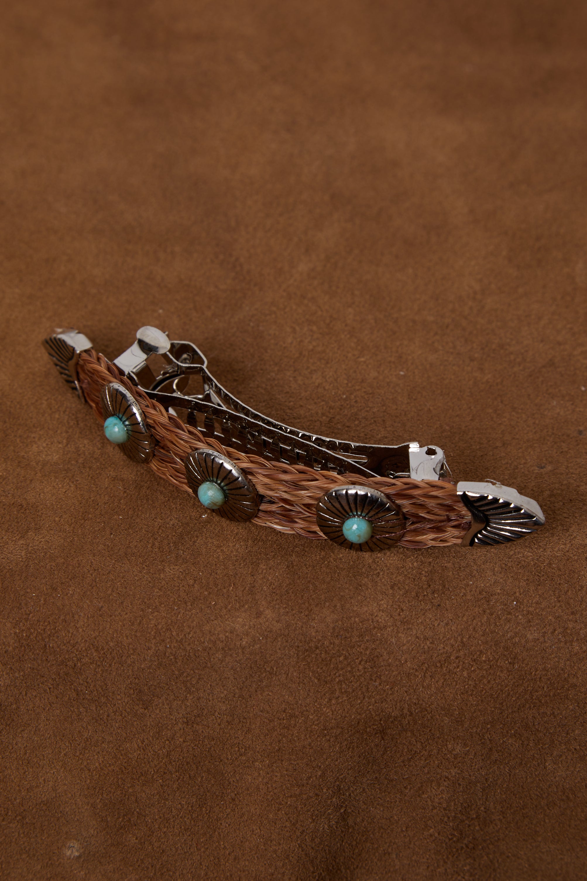 BROWN HORSEHAIR AND TURQUOISE CONCHO BARETTE