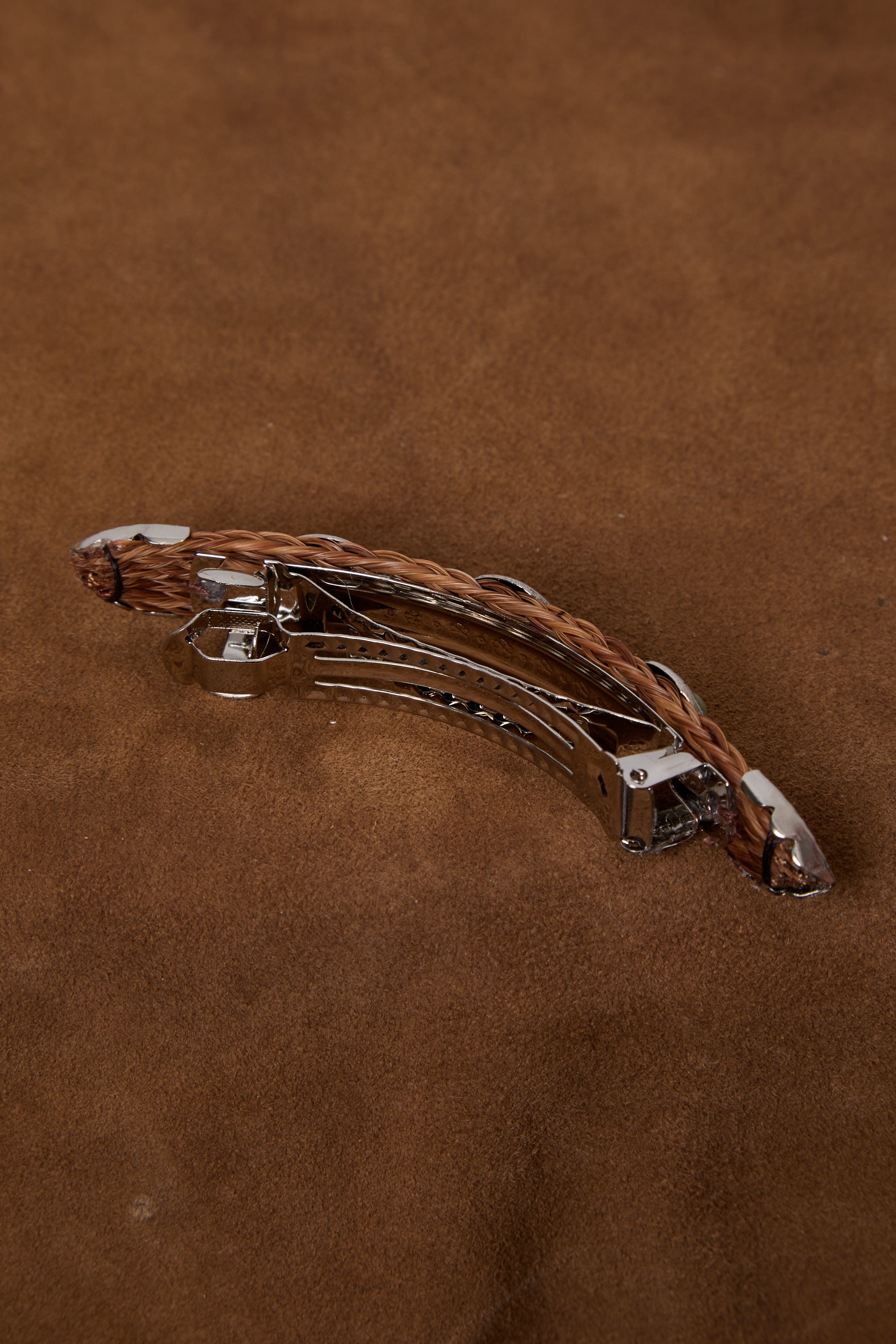 BROWN HORSEHAIR AND TURQUOISE CONCHO BARETTE